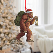 Sasquatch Ornament with Santa Hat, Christmas Tree Decoration with Backpack and Lantern