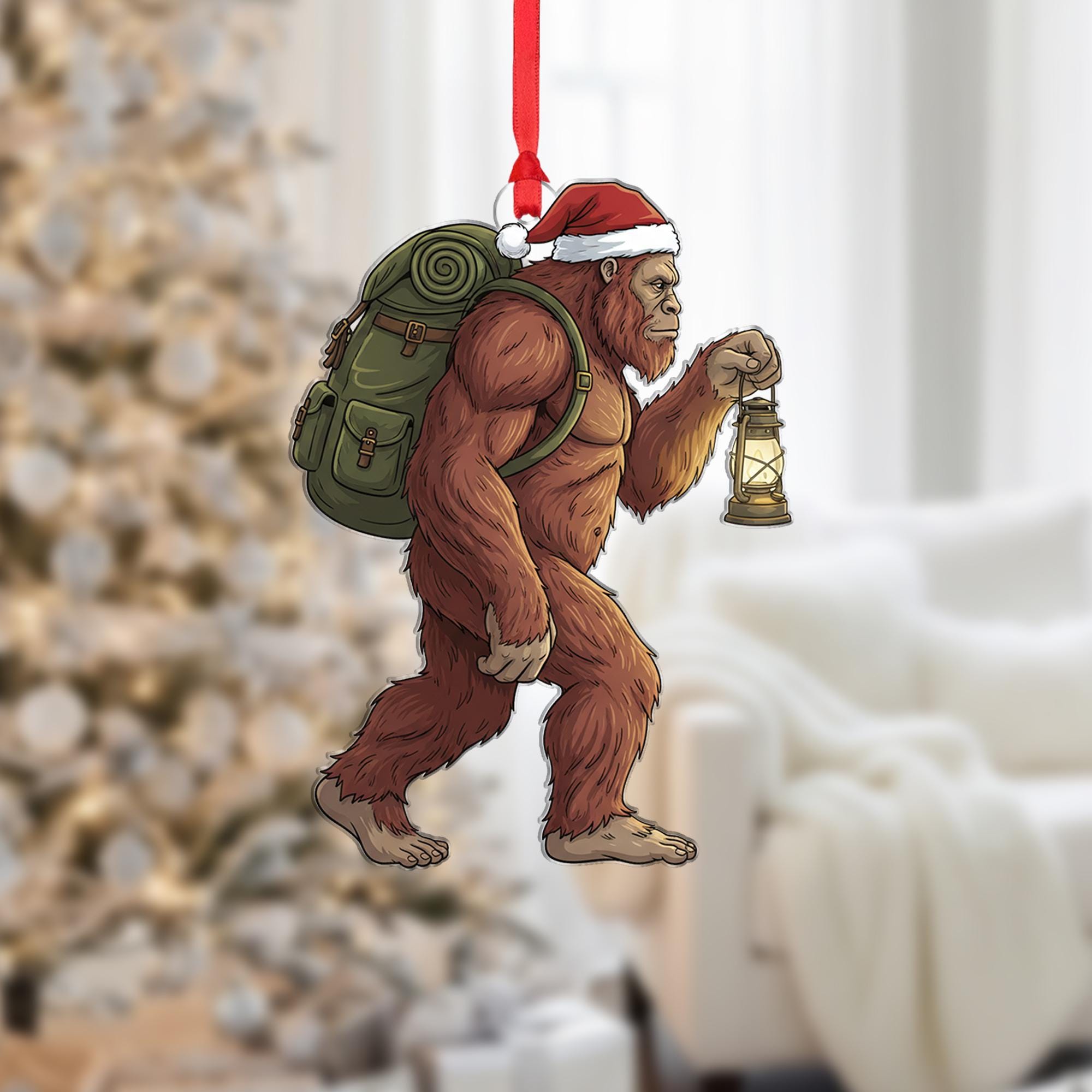 Sasquatch Ornament with Santa Hat, Christmas Tree Decoration with Backpack and Lantern