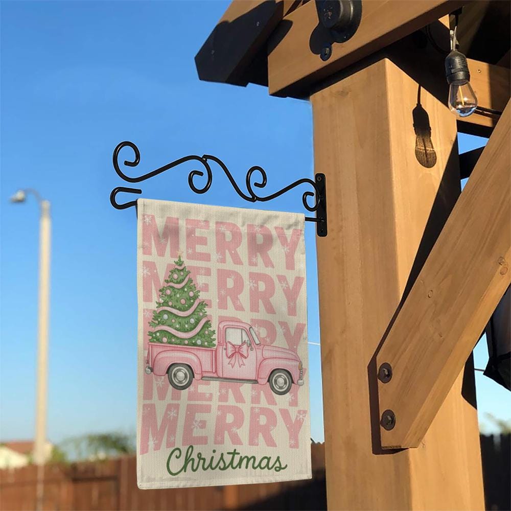Outdoor Christmas Flag – Pink Truck with Tree Design – Holiday Garden Decoration