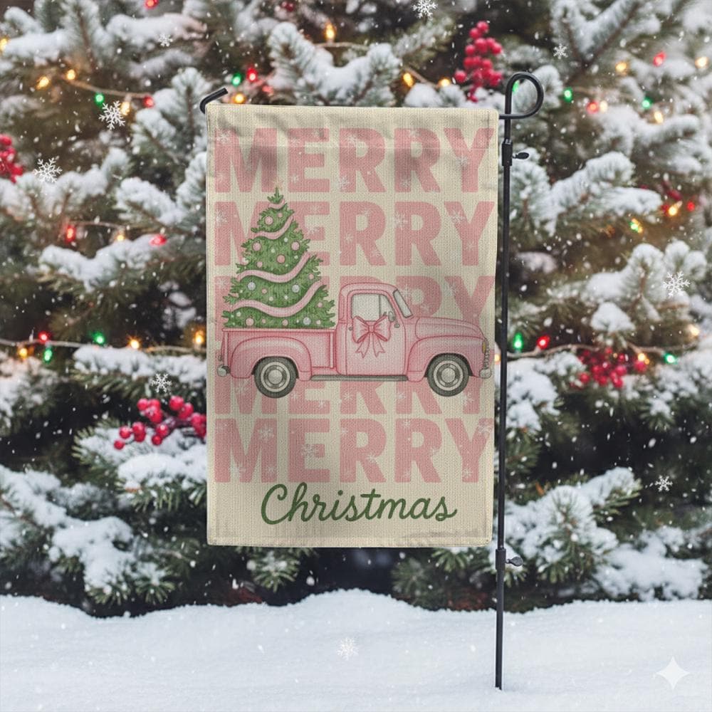 Outdoor Christmas Flag – Pink Truck with Tree Design – Holiday Garden Decoration