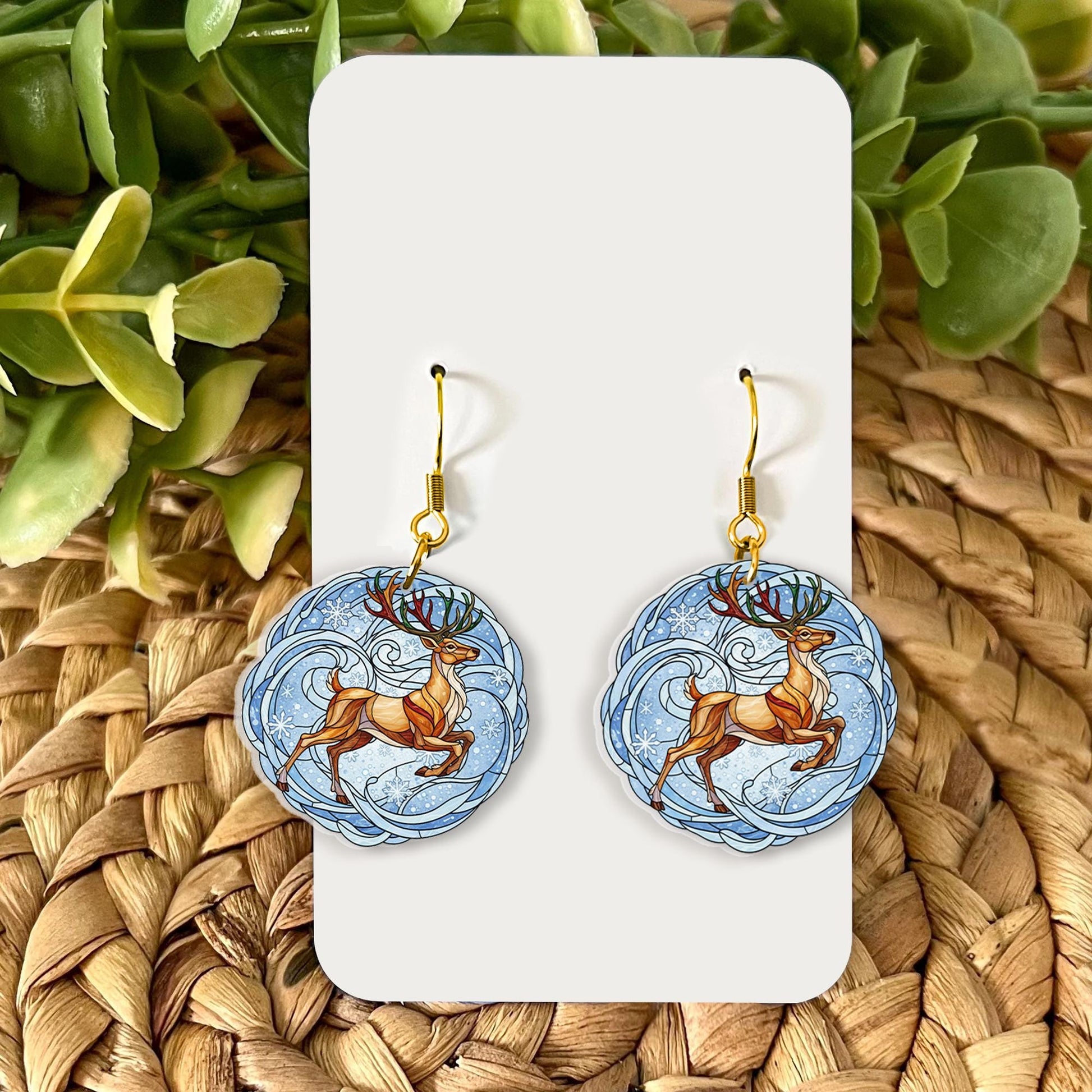 Reindeer Earrings with Snowflake Design, Holiday Jewelry with Blue Background and Winter Theme