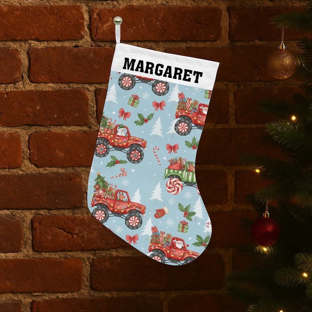 Monster Truck Christmas Stocking – Personalized Name Holiday Decoration – Custom Fireplace Stocking