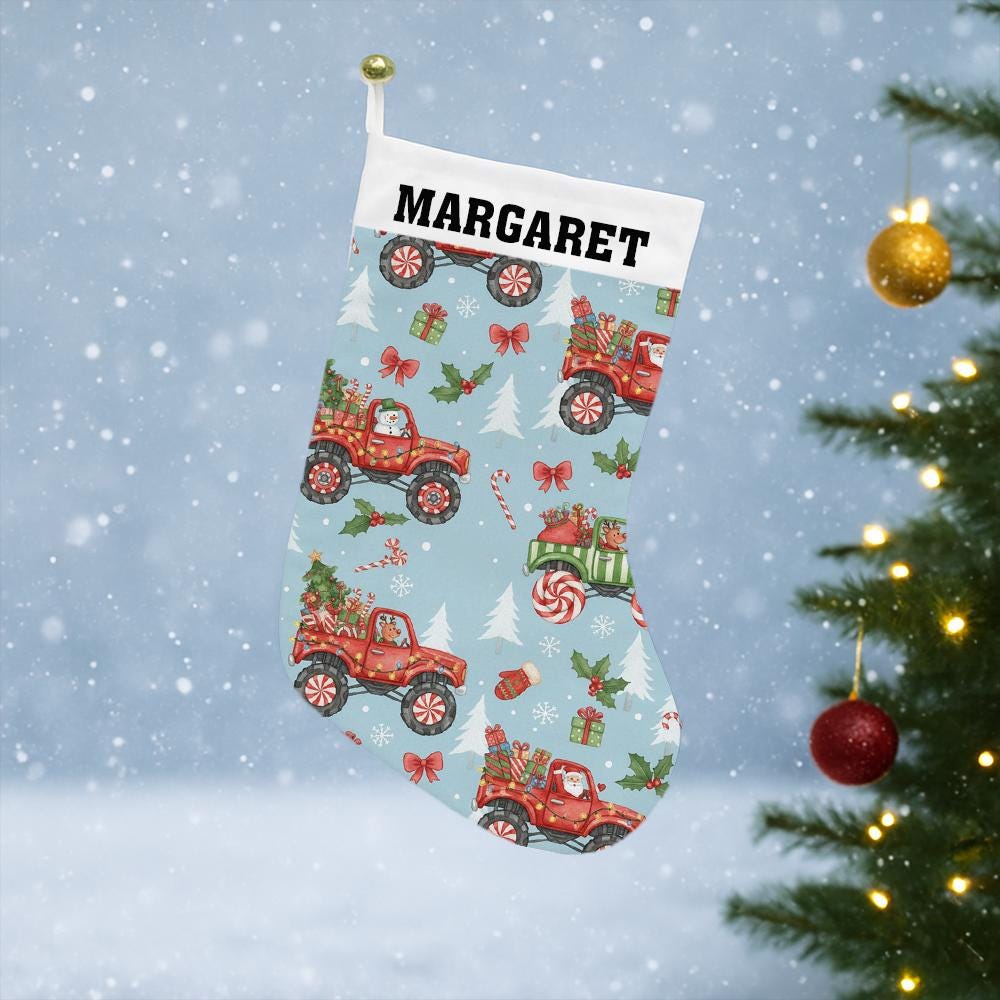 Monster Truck Christmas Stocking – Personalized Name Holiday Decoration – Custom Fireplace Stocking