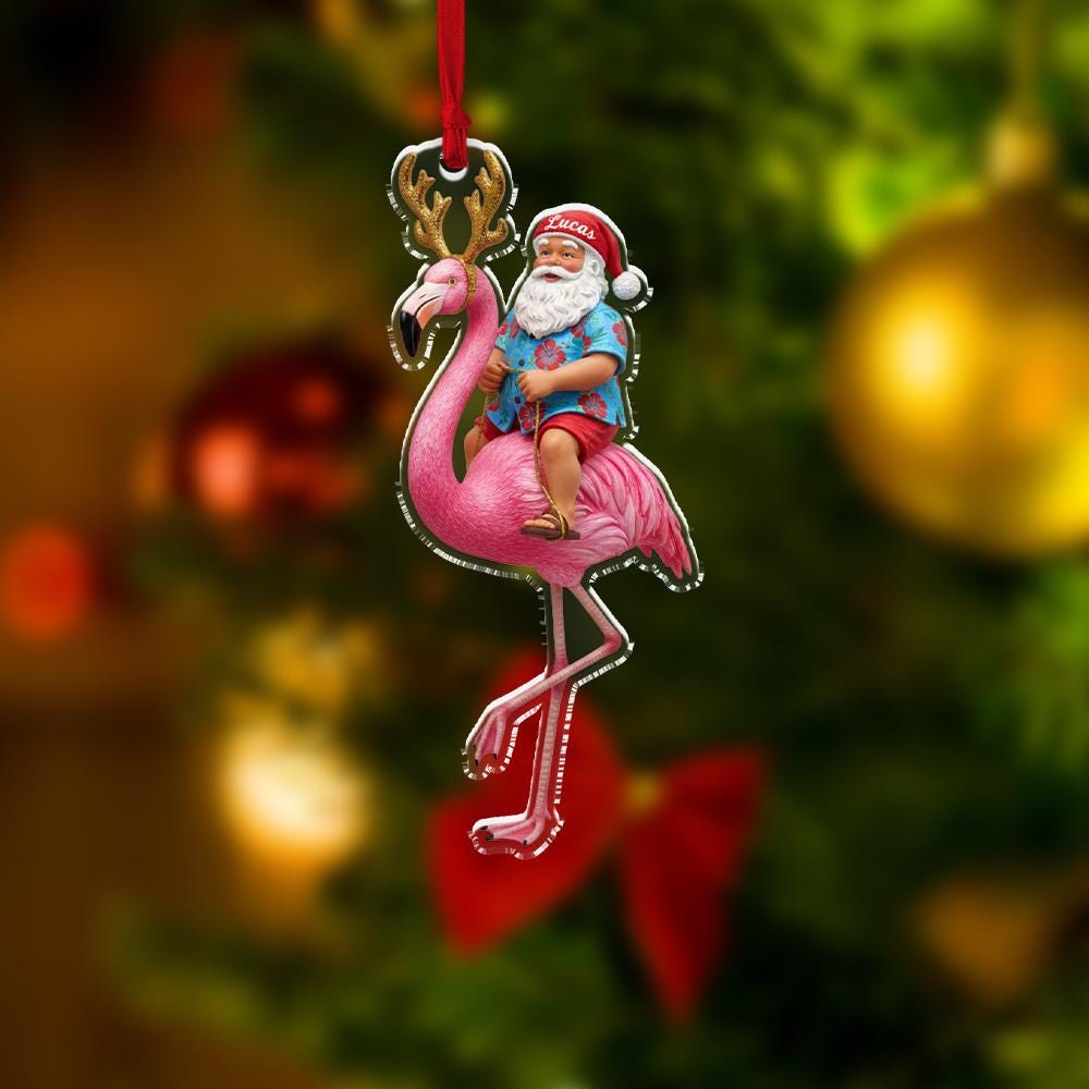 Flamingo Santa Ornament – Personalized Tropical Christmas Decoration – Custom Acrylic Ornament