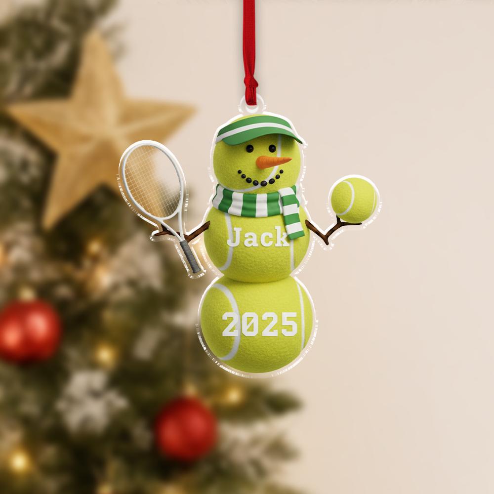 Personalized Acrylic Snowman Ornament – Tennis Theme, Name & Year – Holiday Tree Decoration