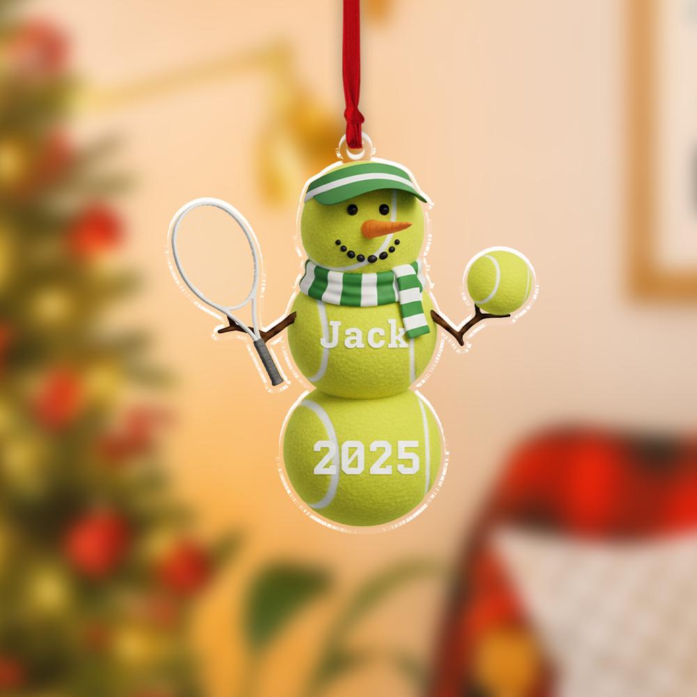 Personalized Acrylic Snowman Ornament – Tennis Theme, Name & Year – Holiday Tree Decoration