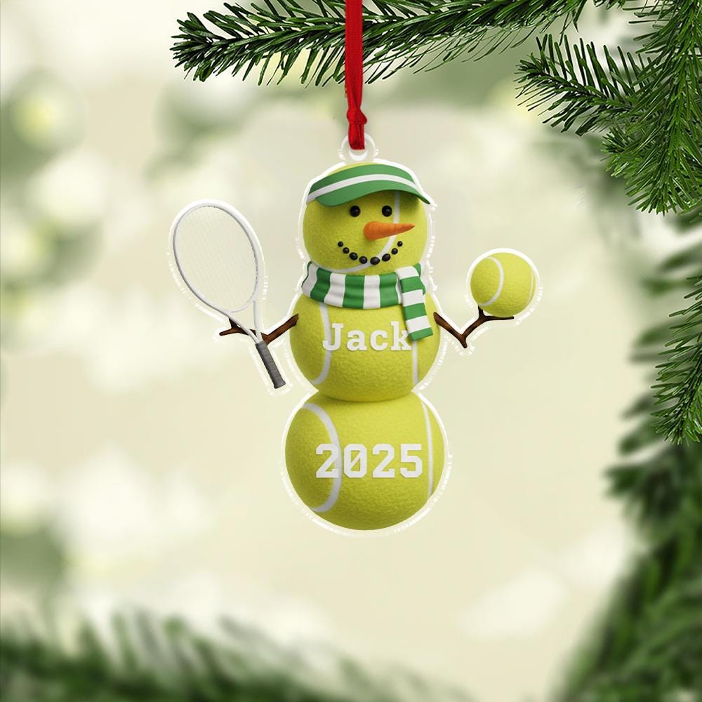Personalized Acrylic Snowman Ornament – Tennis Theme, Name & Year – Holiday Tree Decoration