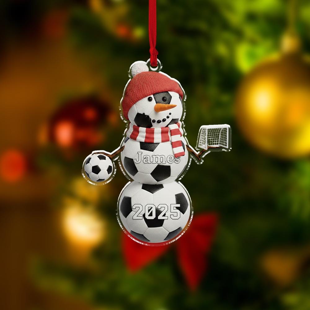 Personalized Acrylic Soccer Snowman Ornament – Name & Year – Sports Tree Decoration