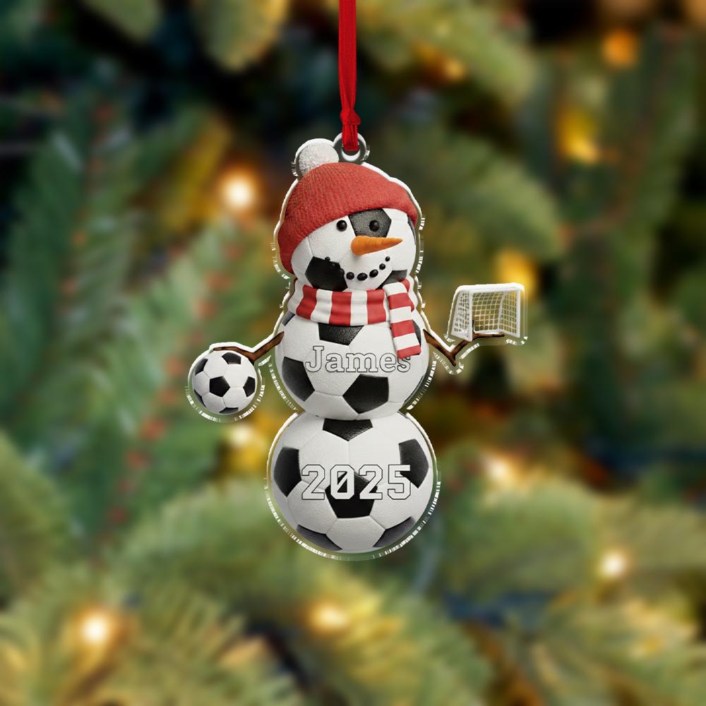 Personalized Acrylic Soccer Snowman Ornament – Name & Year – Sports Tree Decoration