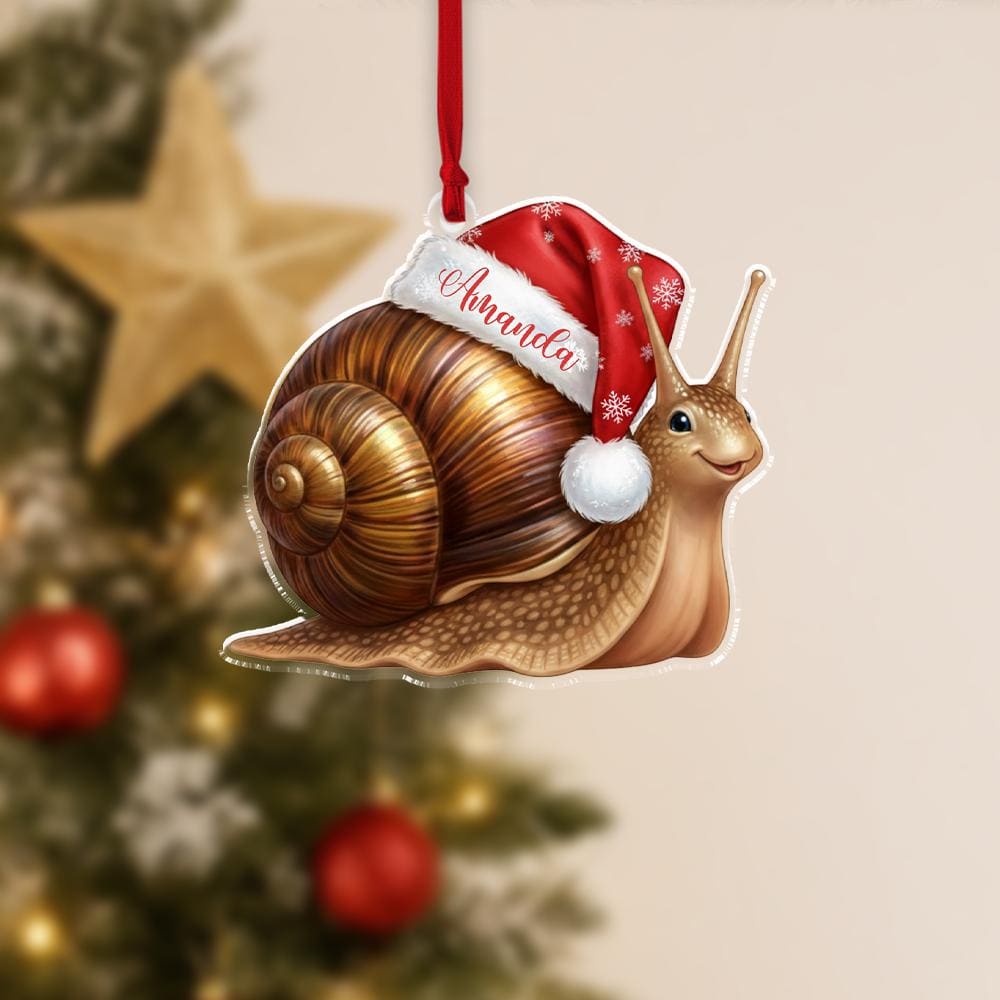 Personalized Acrylic Snail Ornament – Santa Hat Design, Name Option – Holiday Tree Decoration