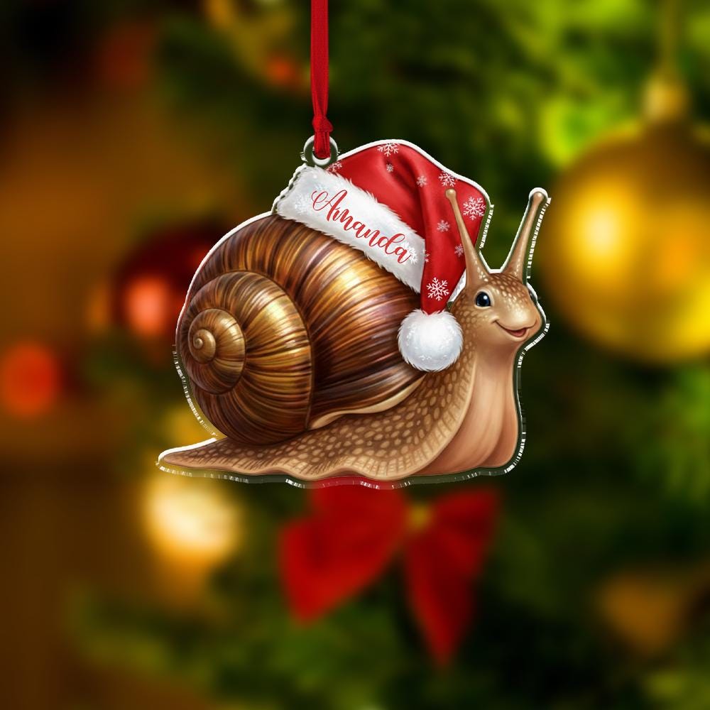 Personalized Acrylic Snail Ornament – Santa Hat Design, Name Option – Holiday Tree Decoration