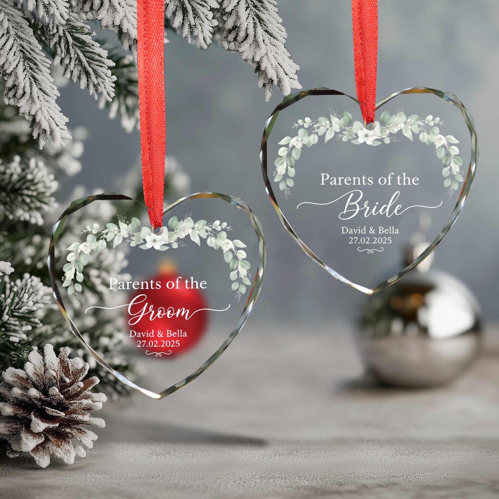 Personalised Glass Heart Parents of the Bride Ornament, Wedding Date Keepsake image 2
