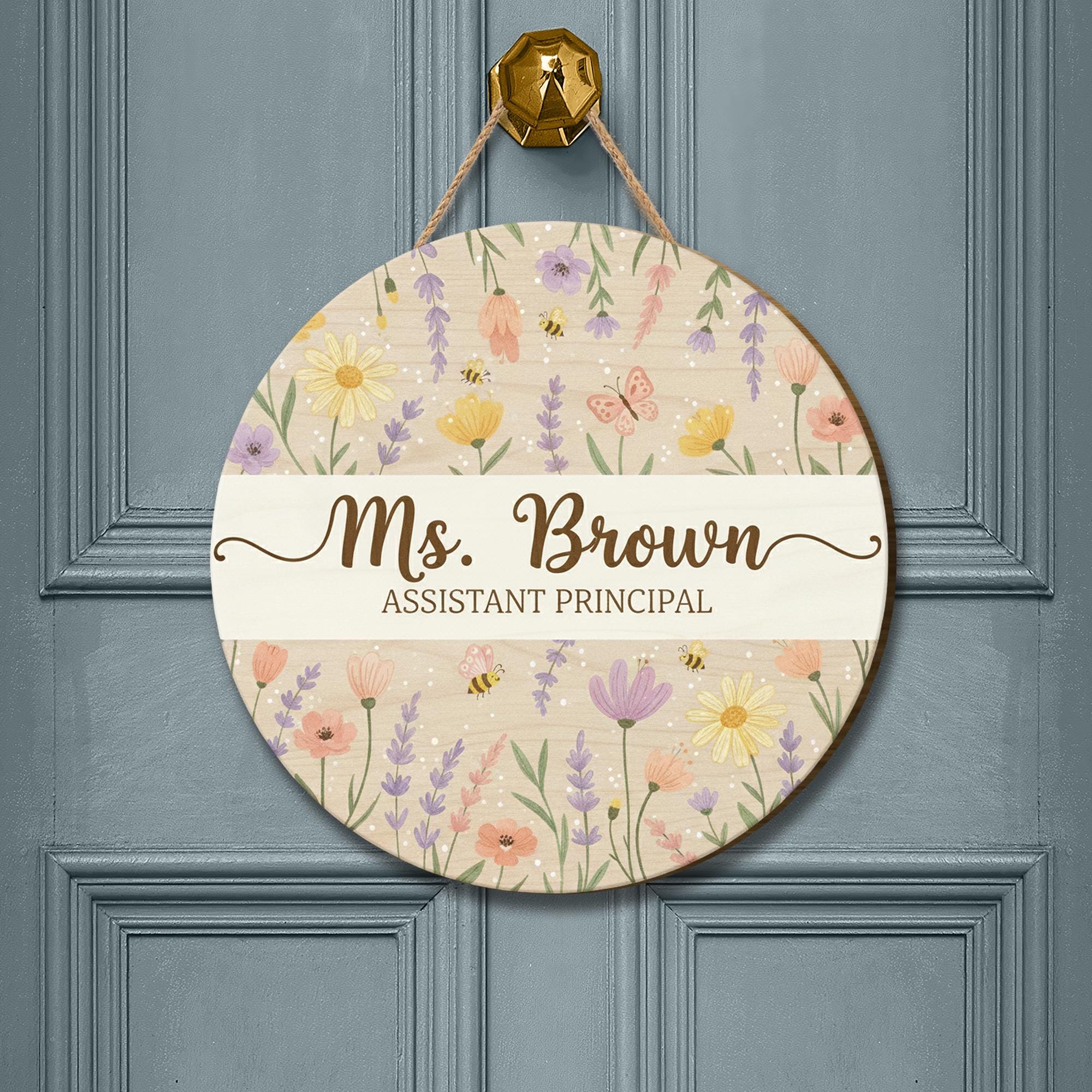 Personalised Wooden Door Sign Assistant Principal Name Title Floral Design image 1