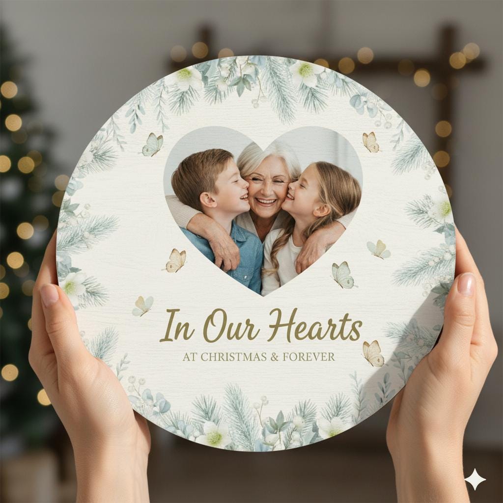 Personalized Photo Memorial Sign, Round Wood Plaque, Custom Christmas Sympathy Gift image 2