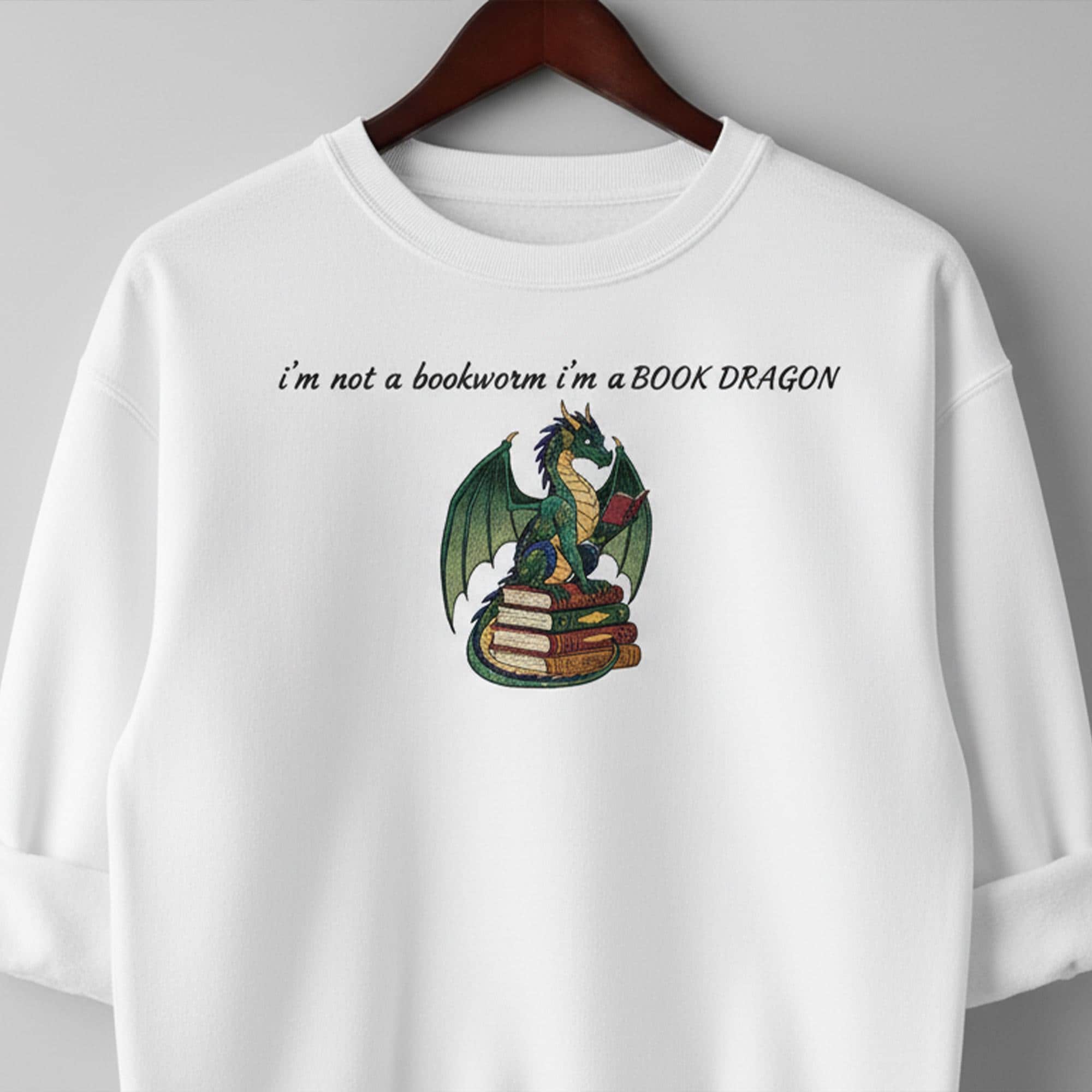 Embroidered Book Dragon Sweatshirt: Funny Reading Jumper, Fantasy Book Lover Gift, White Crewneck image 1