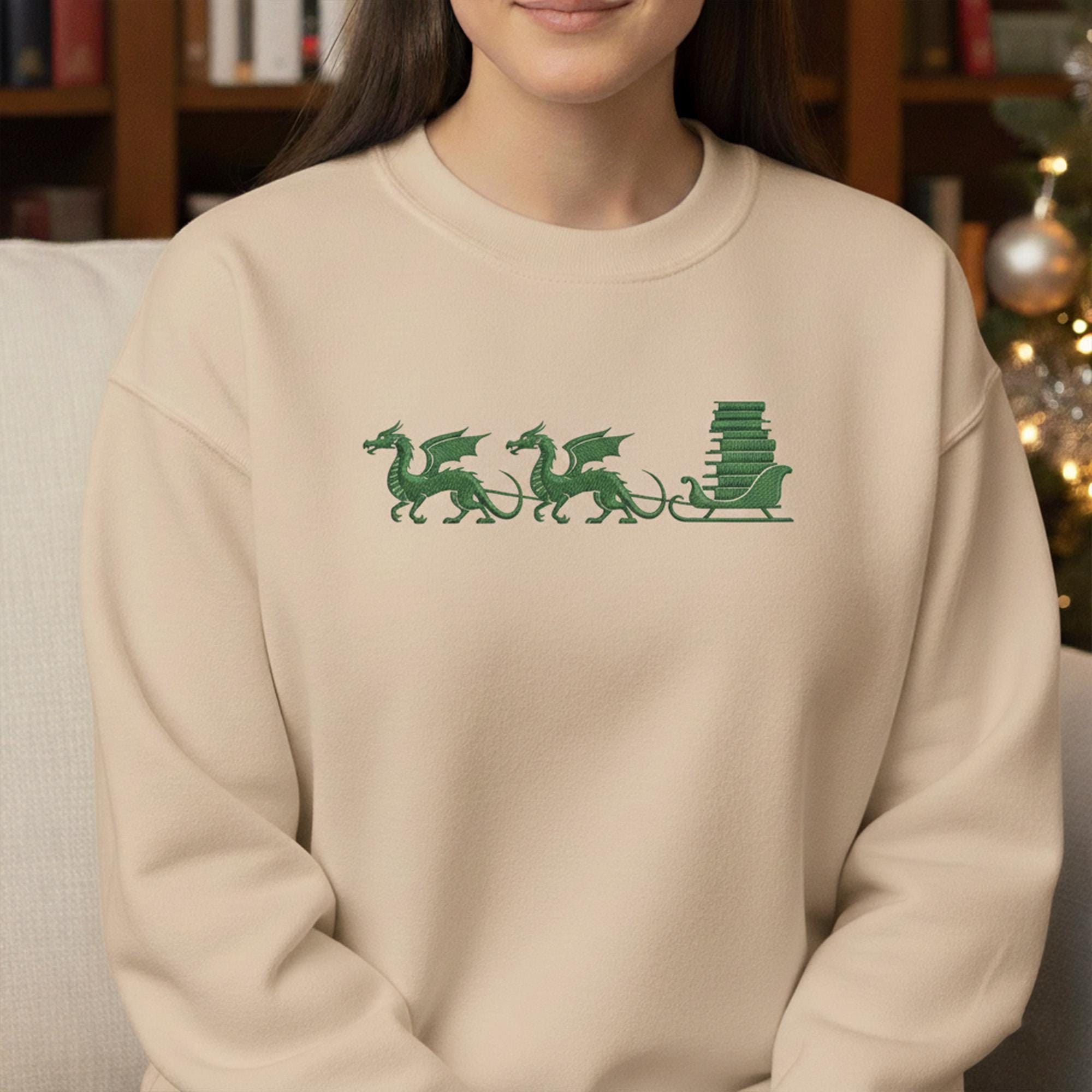 Embroidered Dragon Sleigh Sweatshirt, Christmas Book Lover Gift, Fantasy Reading Holiday Jumper image 1