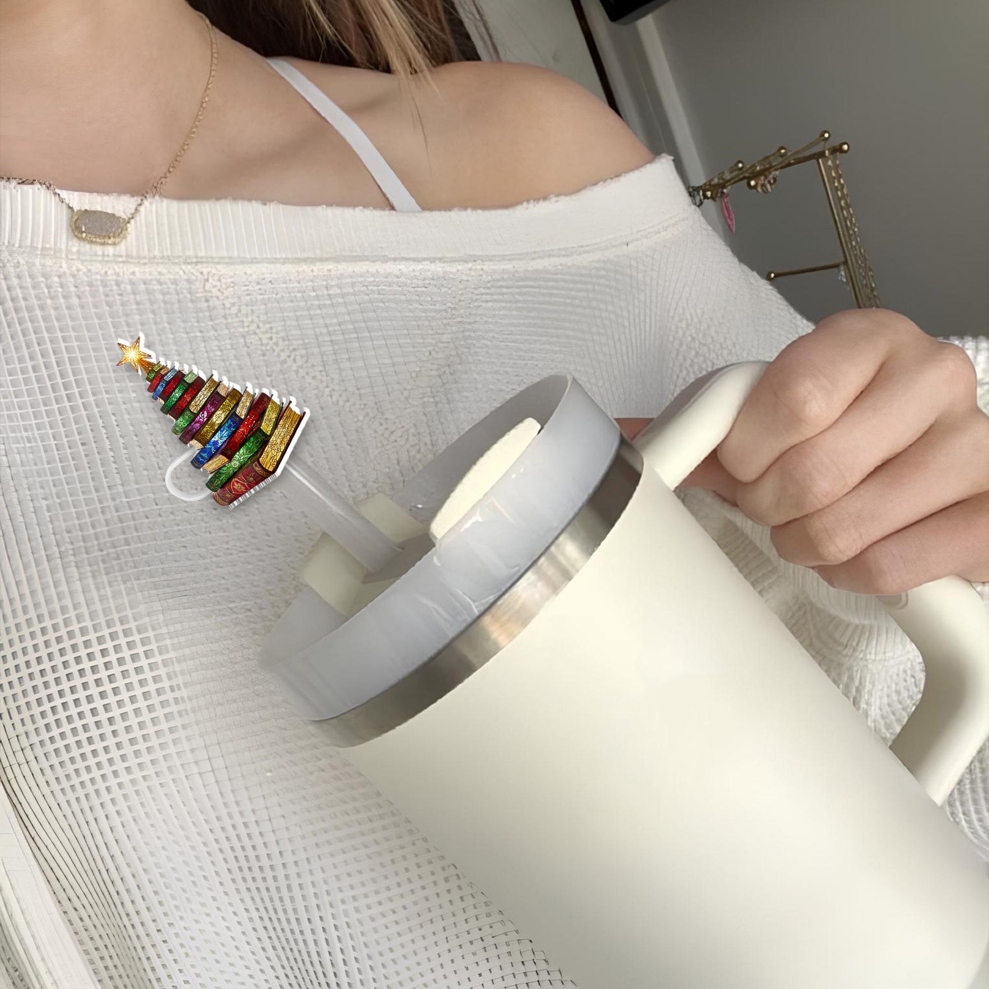 Christmas Tree Straw Topper, Holiday Tumbler Accessory, Festive Drink Cup Decoration image 3