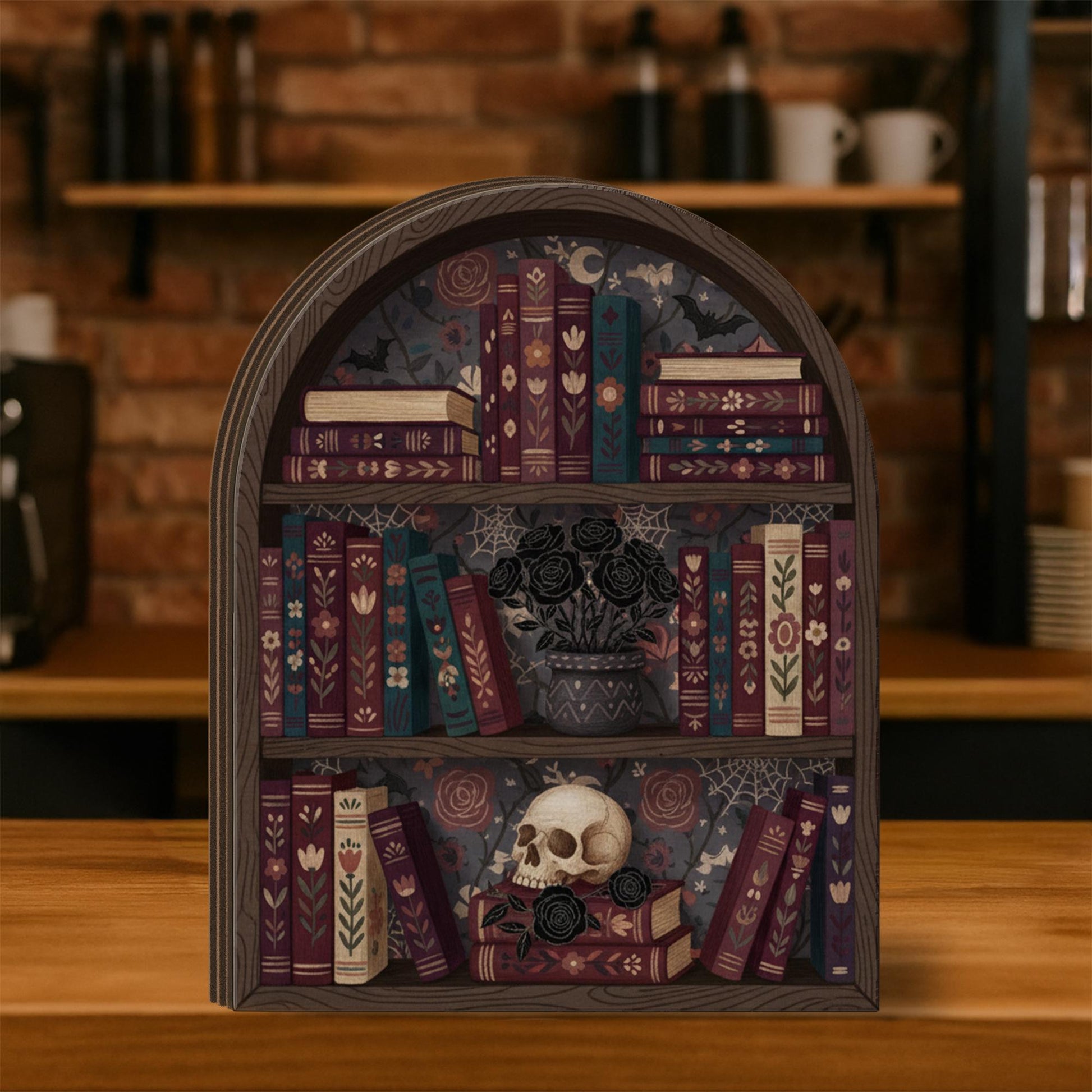Gothic Bookshelf Wooden Block | Dark Academia Decor | Skull and Black Roses Book Art image 1