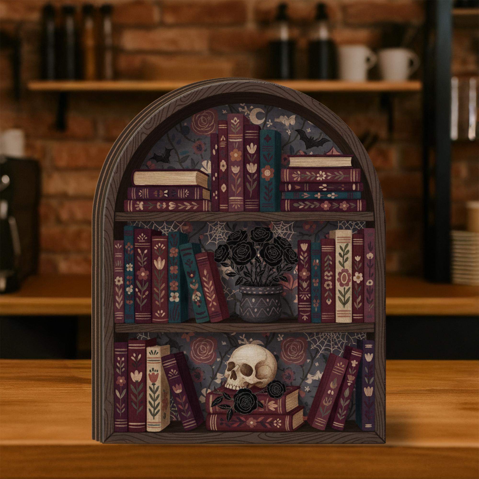 Gothic Bookshelf Wooden Block | Dark Academia Decor | Skull and Black Roses Book Art image 1