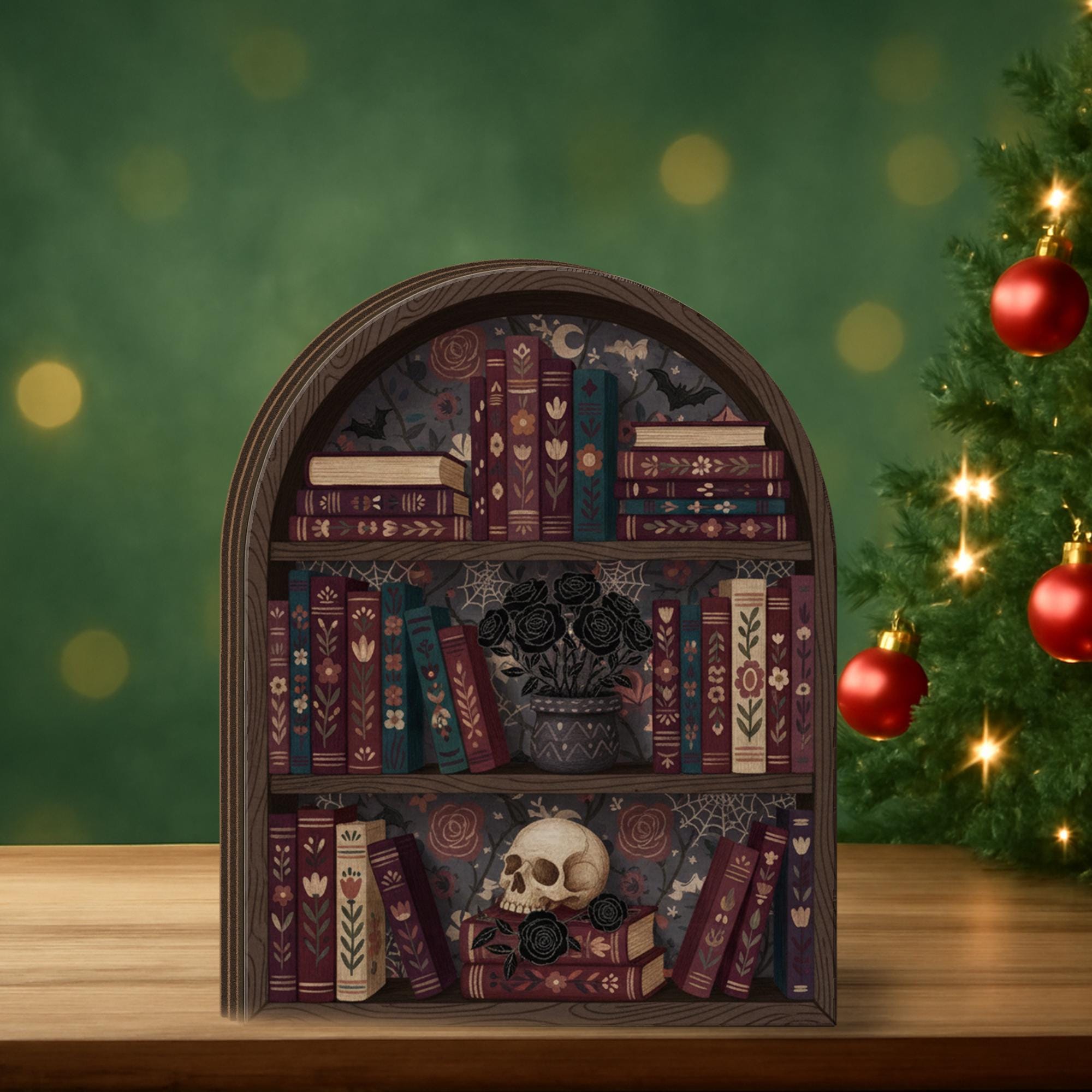 Gothic Bookshelf Wooden Block | Dark Academia Decor | Skull and Black Roses Book Art image 2