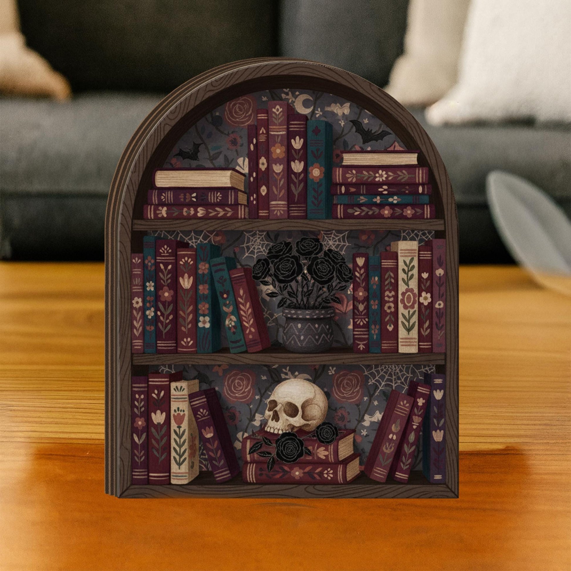Gothic Bookshelf Wooden Block | Dark Academia Decor | Skull and Black Roses Book Art image 4
