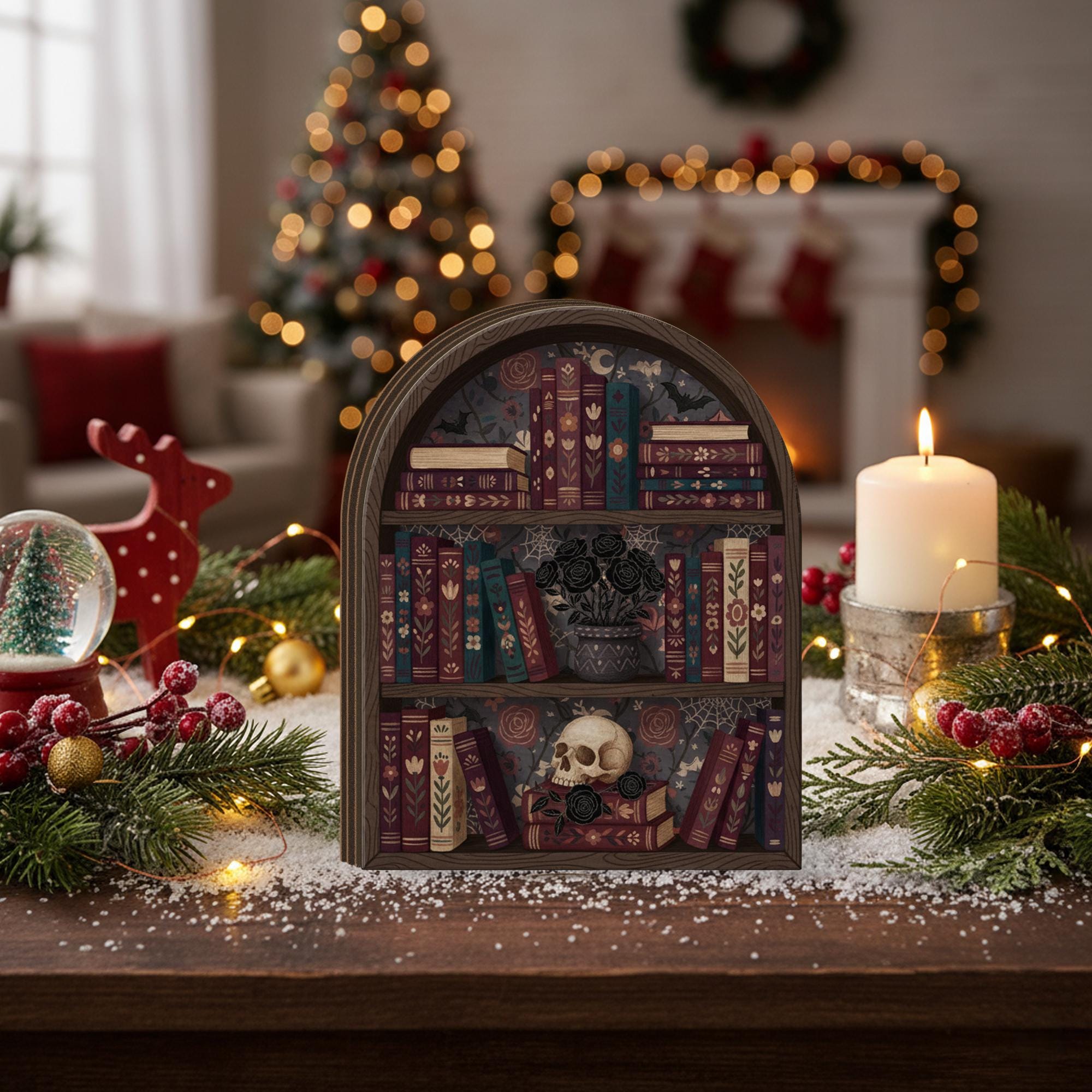 Gothic Bookshelf Wooden Block | Dark Academia Decor | Skull and Black Roses Book Art image 3