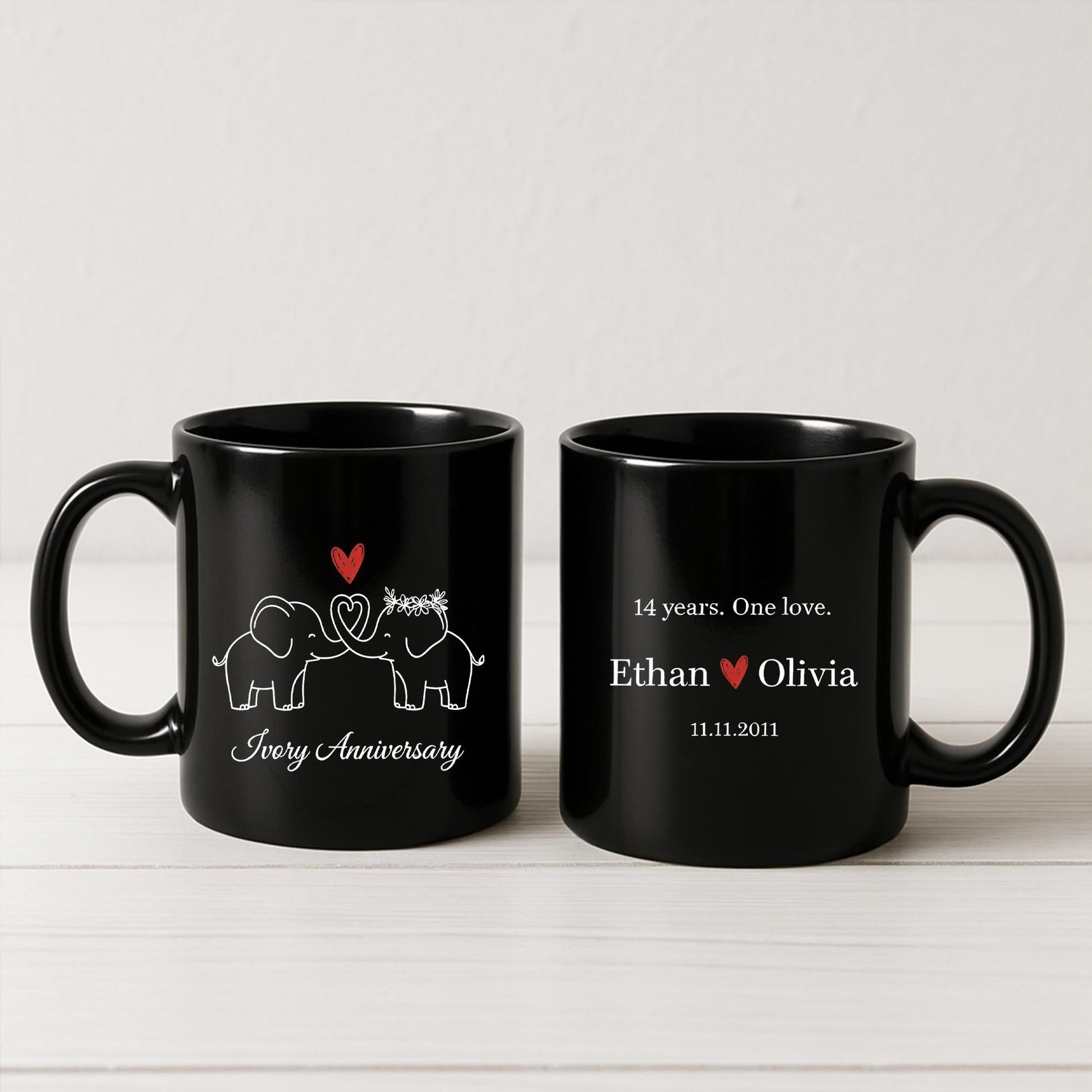 Ivory Anniversary Mug, Custom Elephant Couple Coffee Cup, Personalized Name and Date Mug image 4