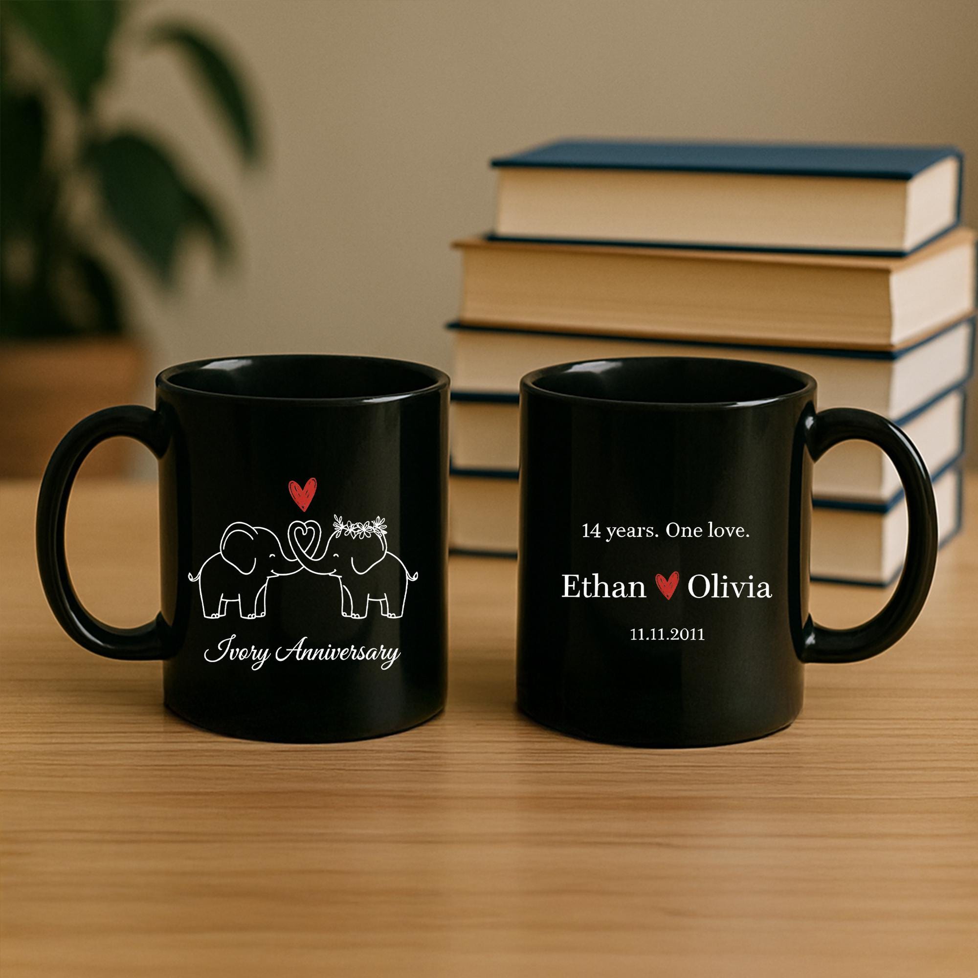 Ivory Anniversary Mug, Custom Elephant Couple Coffee Cup, Personalized Name and Date Mug image 6