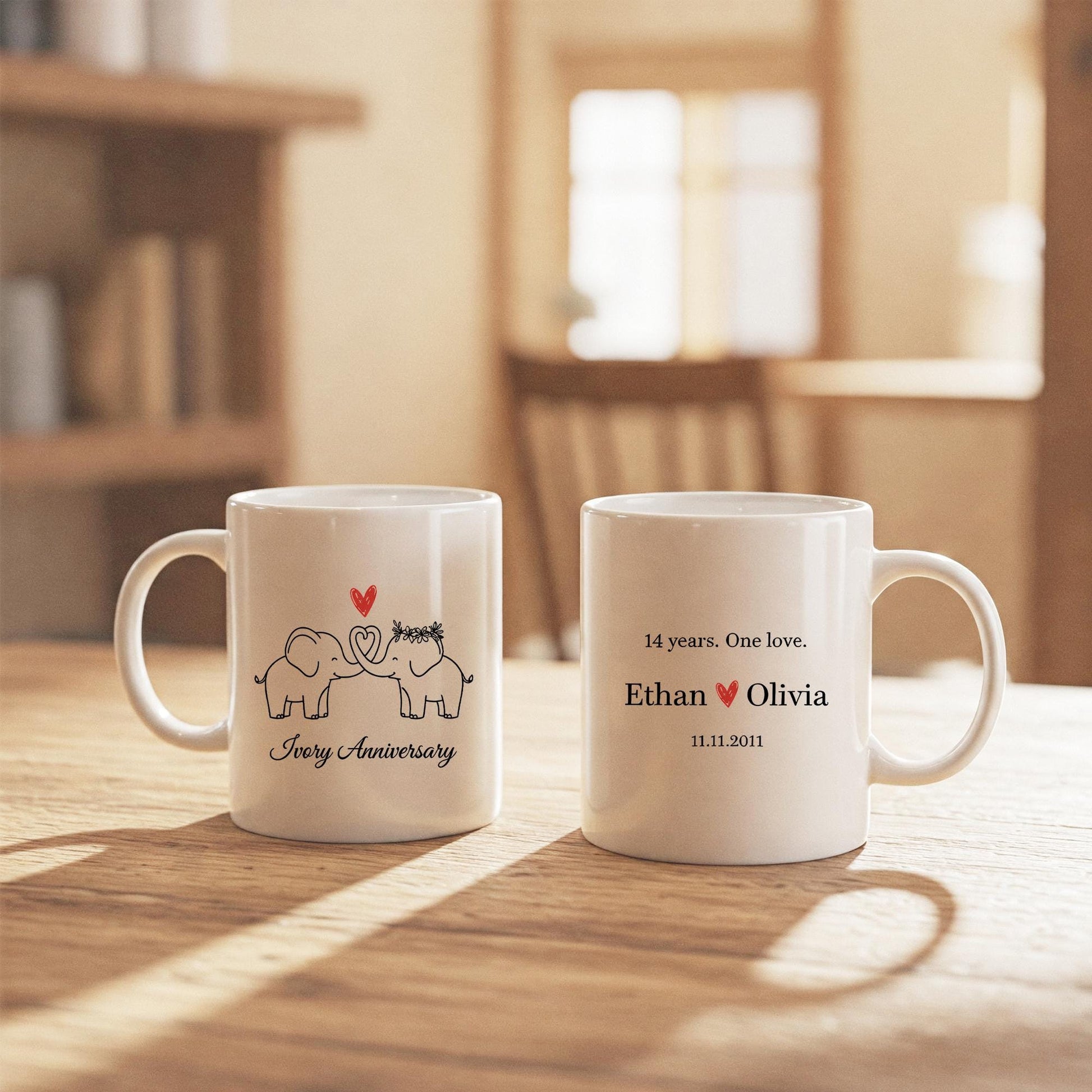 Ivory Anniversary Mug, Custom Elephant Couple Coffee Cup, Personalized Name and Date Mug image 9