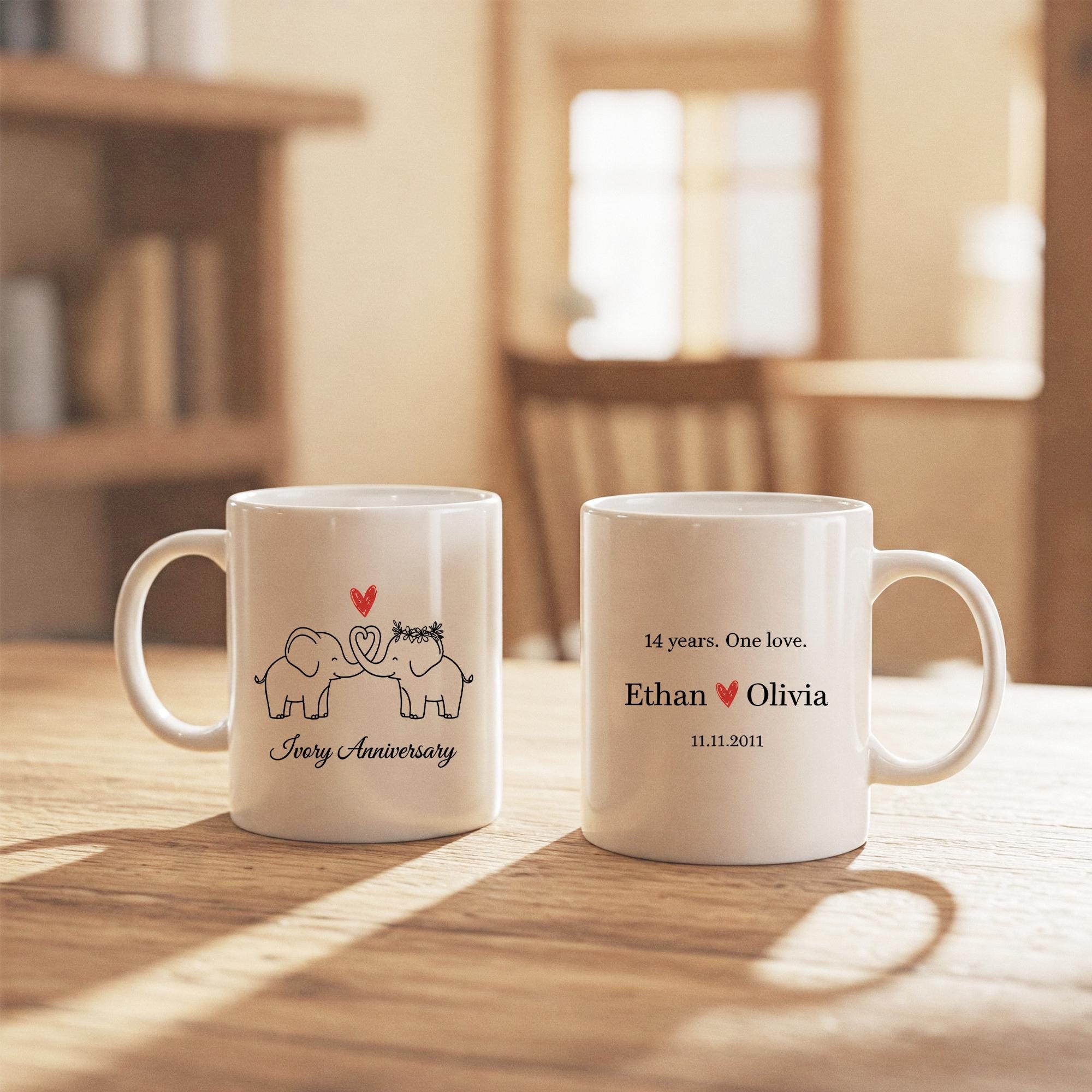 Ivory Anniversary Mug, Custom Elephant Couple Coffee Cup, Personalized Name and Date Mug image 9