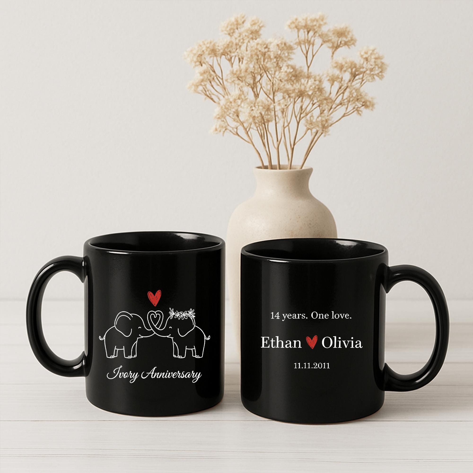 Ivory Anniversary Mug, Custom Elephant Couple Coffee Cup, Personalized Name and Date Mug image 2