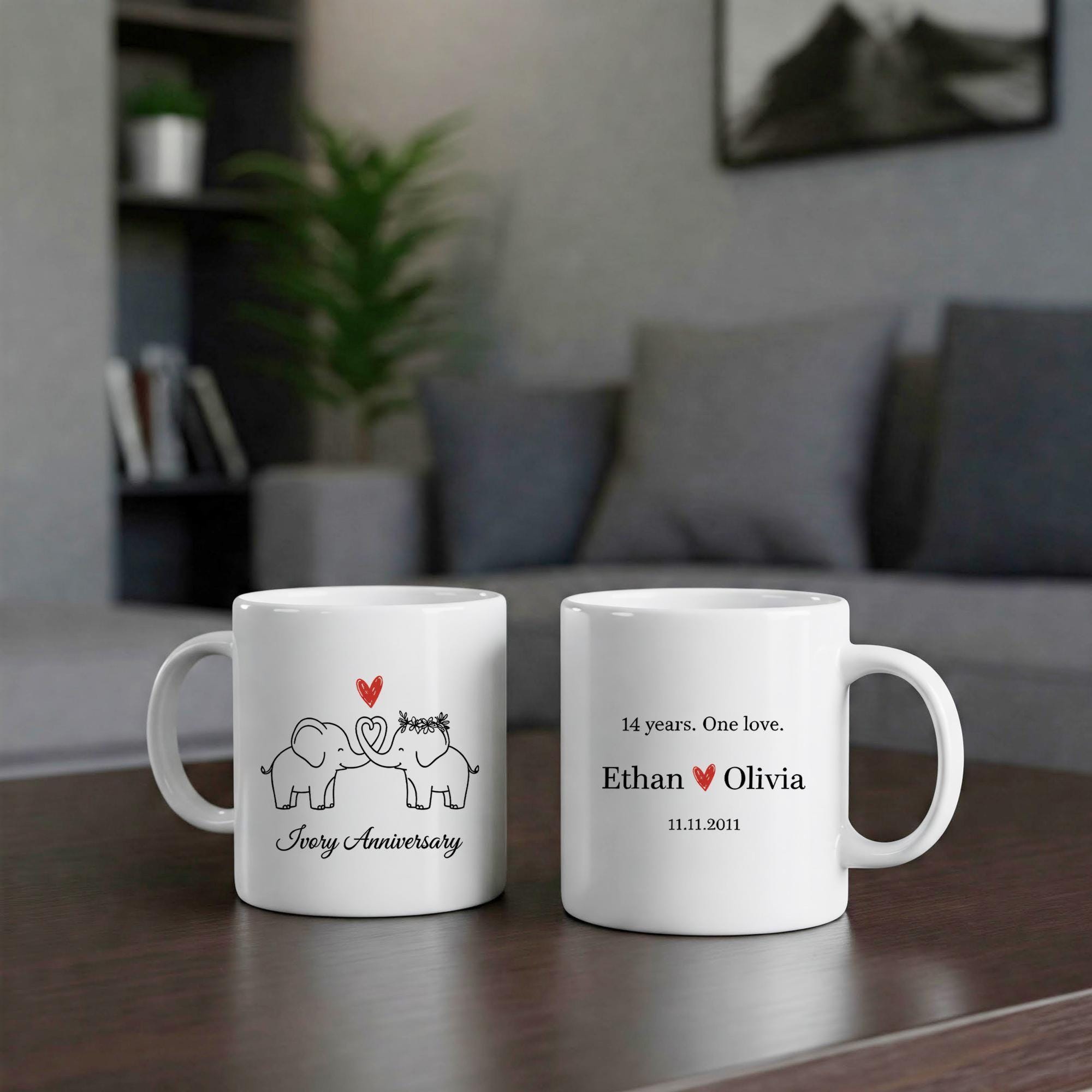 Ivory Anniversary Mug, Custom Elephant Couple Coffee Cup, Personalized Name and Date Mug image 1