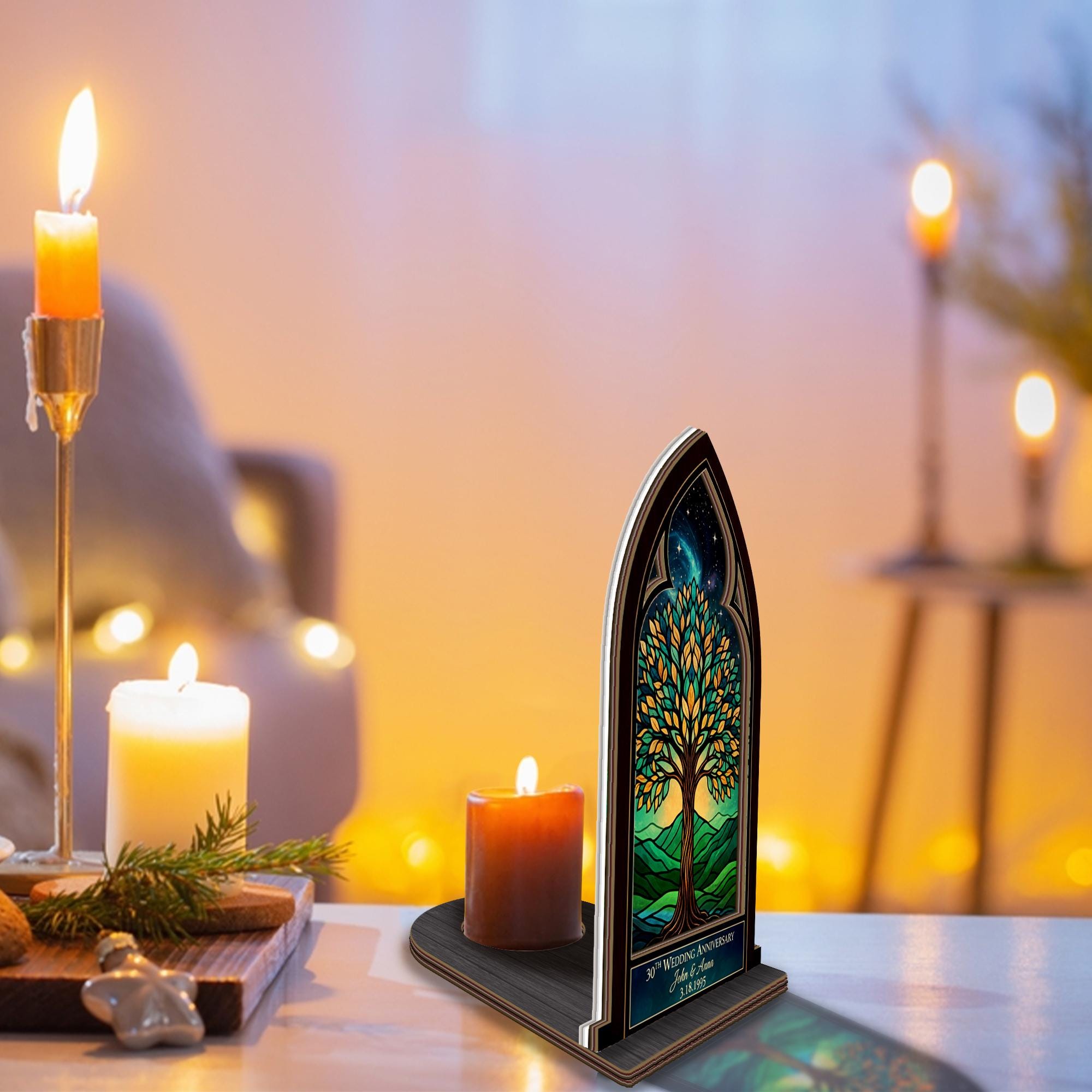 Wooden Candle Holder Arched Lantern Stand – Tree of Life Engraved Glass Panel Gift image 2