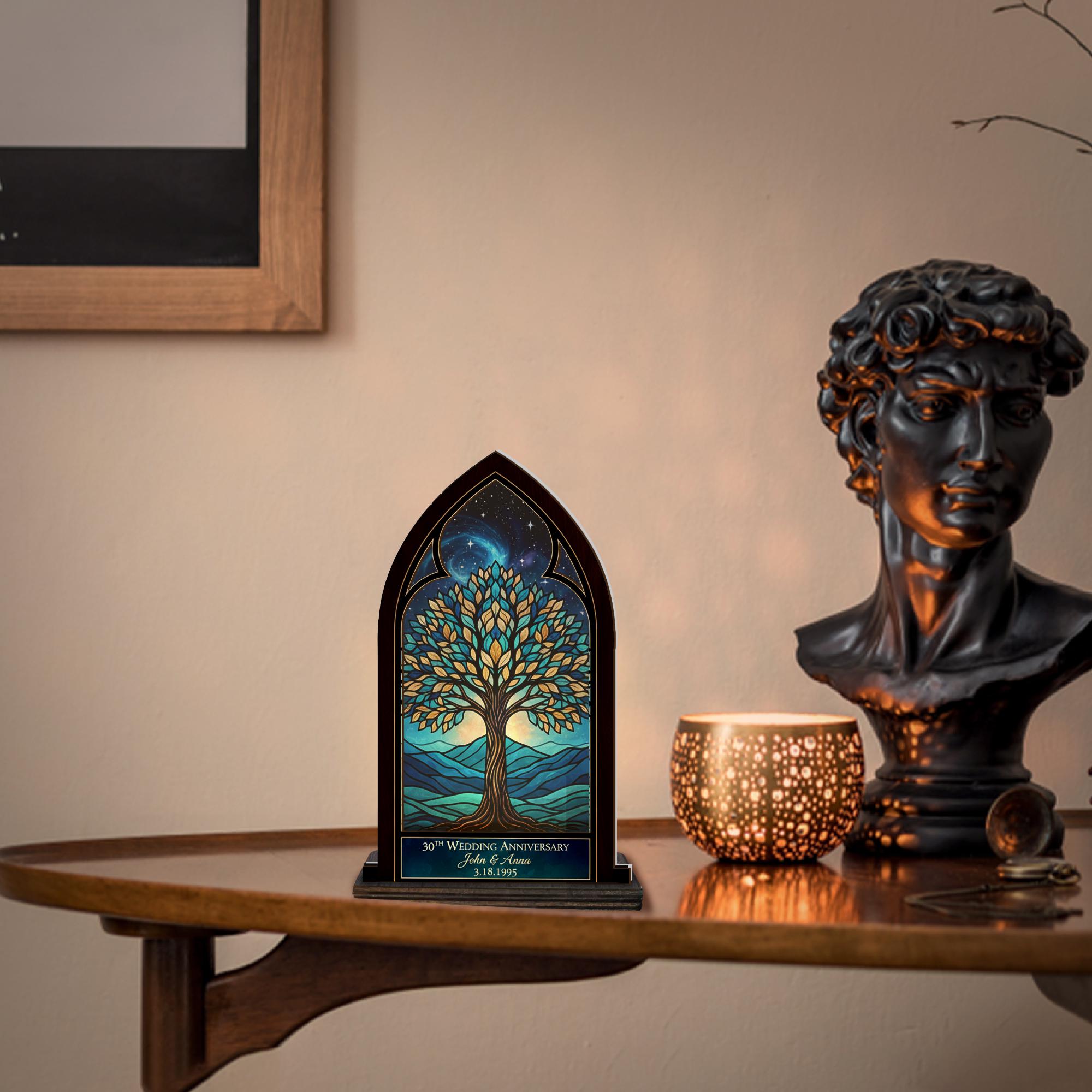 Wooden Candle Holder Arched Lantern Stand – Tree of Life Engraved Glass Panel Gift image 1