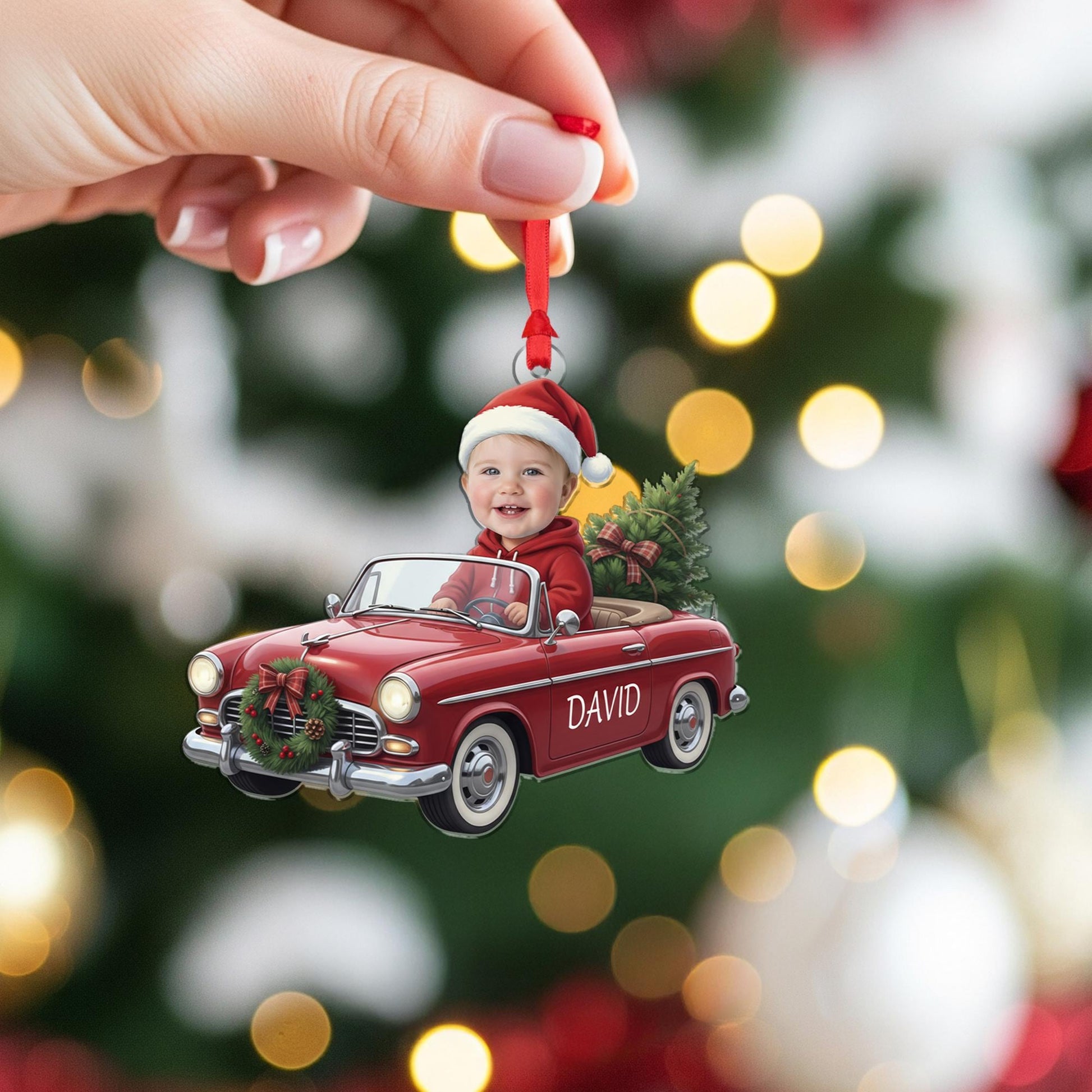 Custom Baby Photo Christmas Car Ornament: Vintage Red Car Keepsake image 4