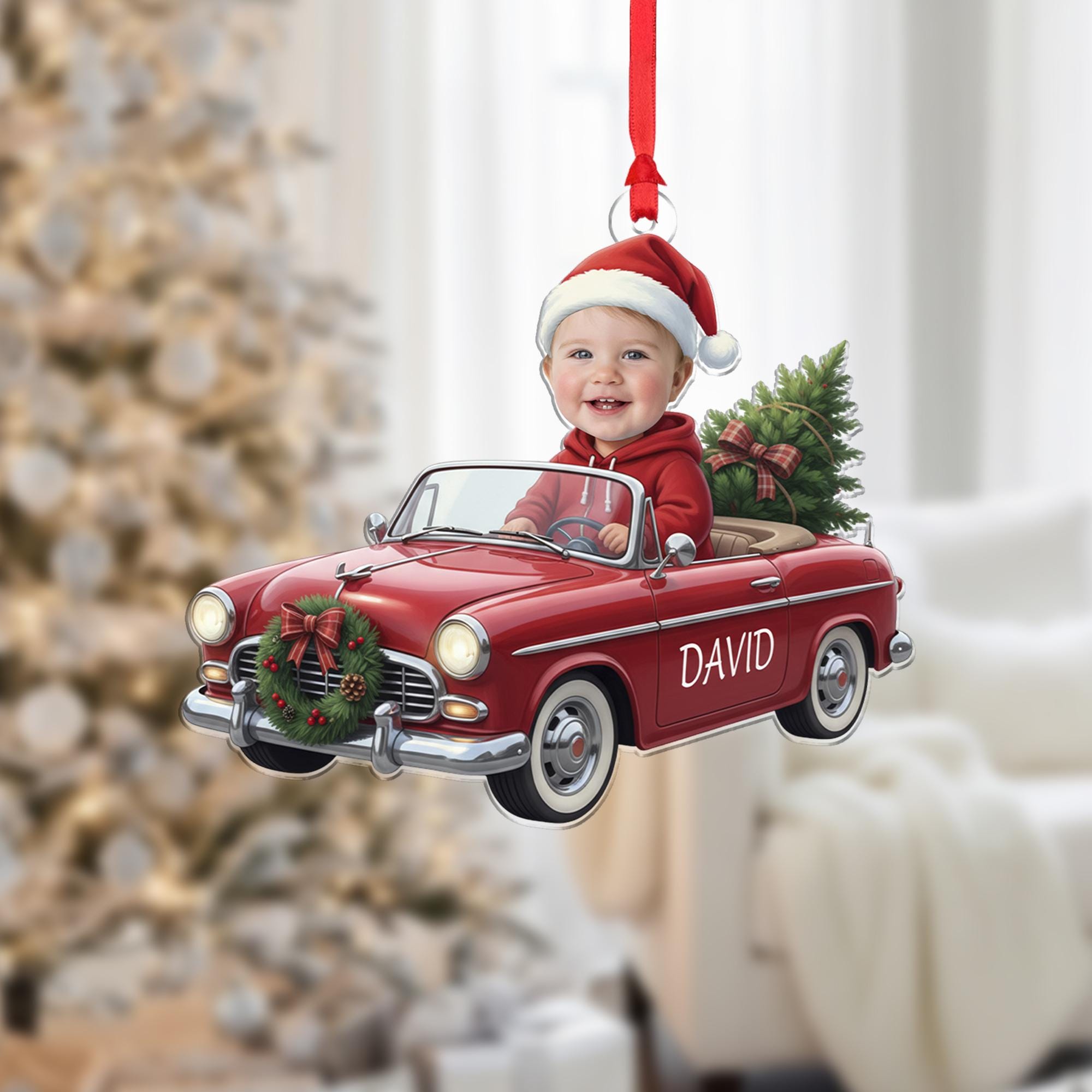 Custom Baby Photo Christmas Car Ornament: Vintage Red Car Keepsake image 2