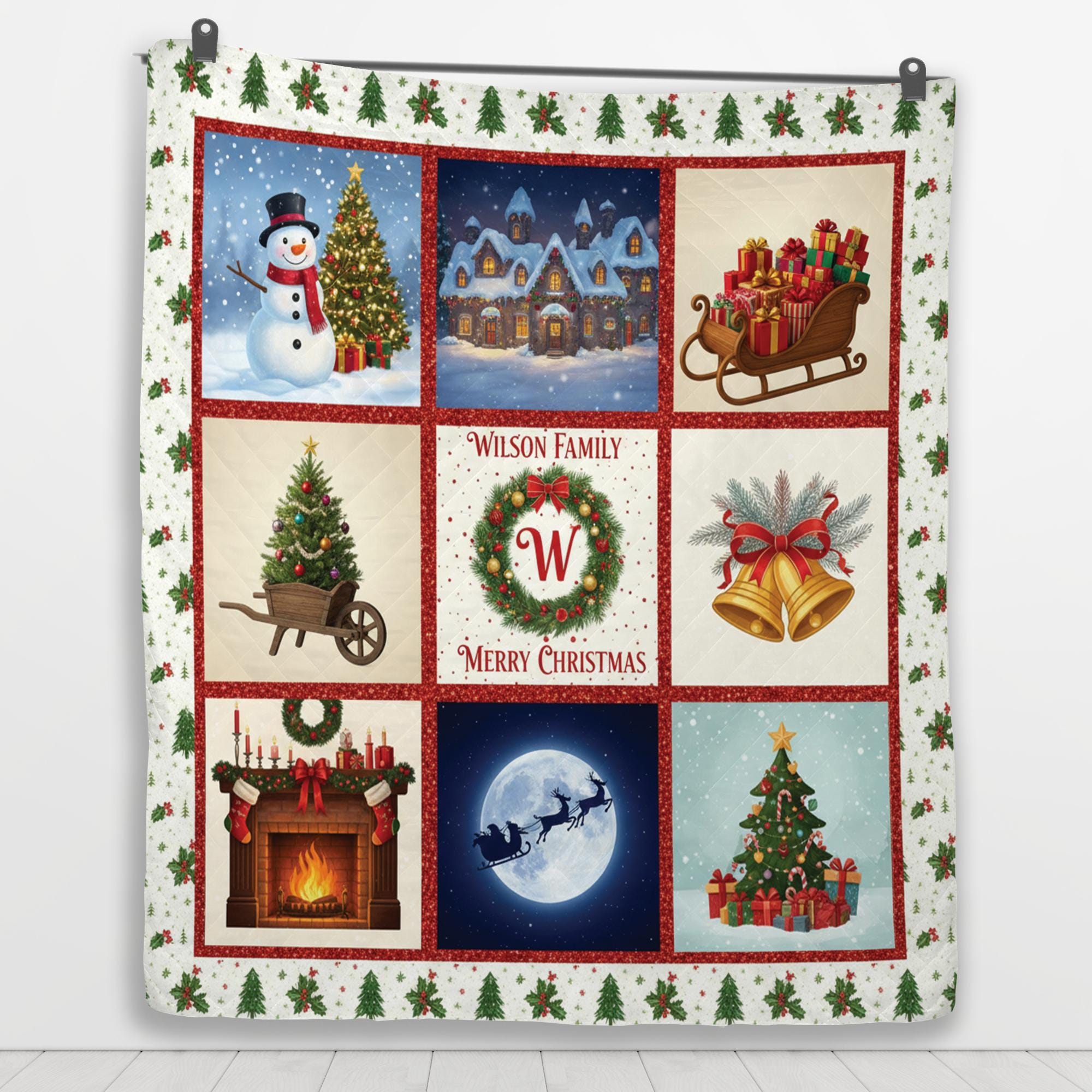 Personalized Christmas Quilt Blanket, Holiday Throw with Family Name and Festive Winter Design