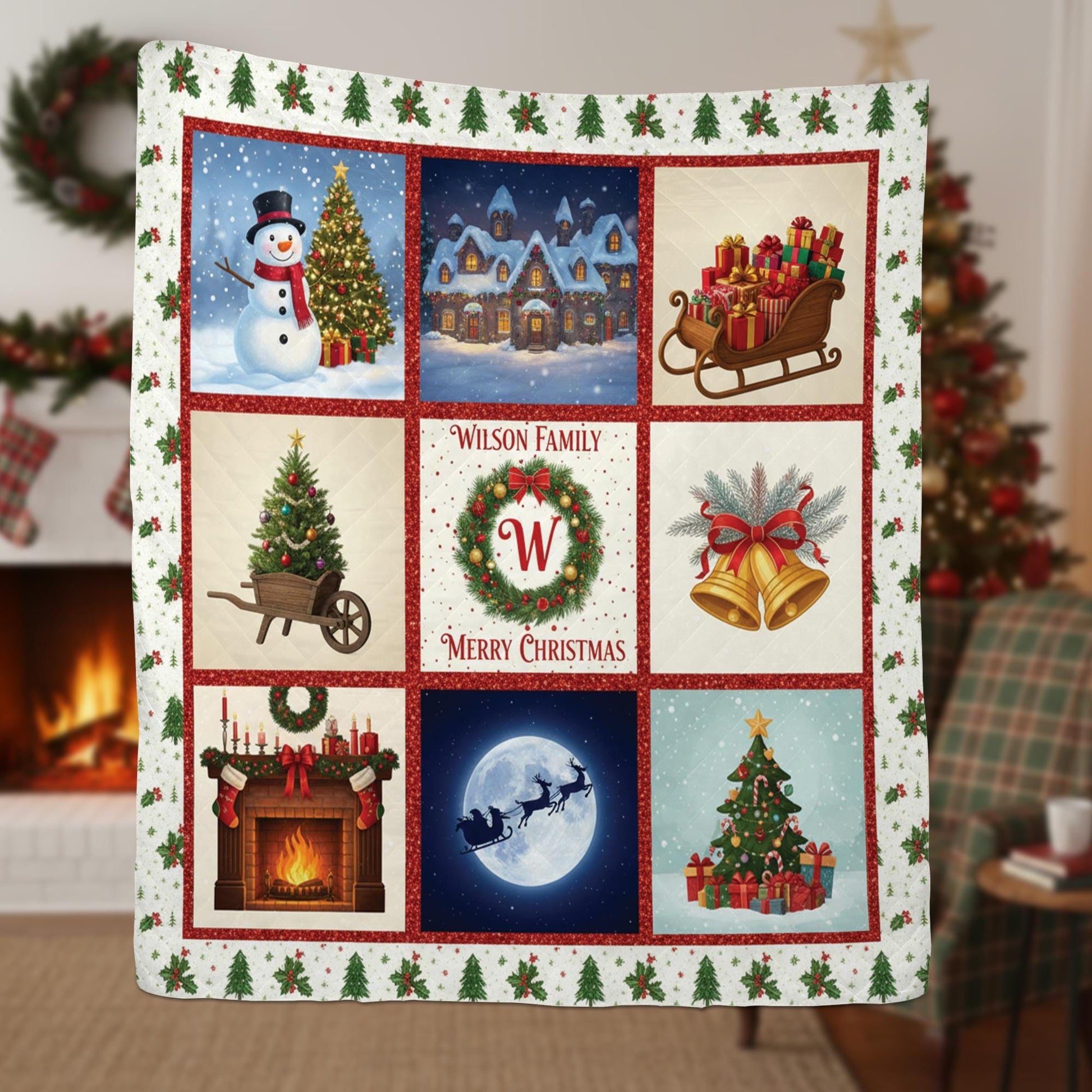 Personalized Christmas Quilt Blanket, Holiday Throw with Family Name and Festive Winter Design