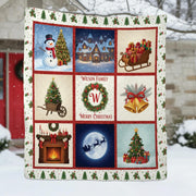 Personalized Christmas Quilt Blanket, Holiday Throw with Family Name and Festive Winter Design