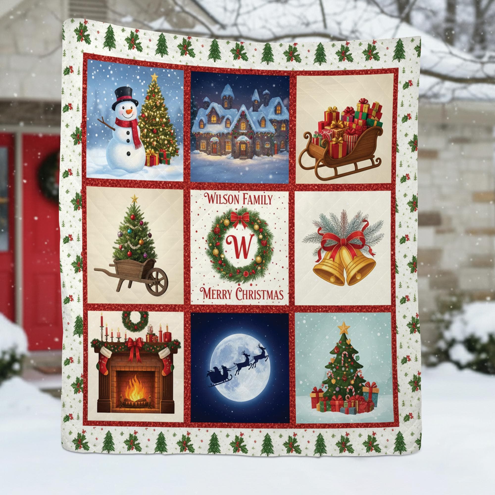 Personalized Christmas Quilt Blanket, Holiday Throw with Family Name and Festive Winter Design