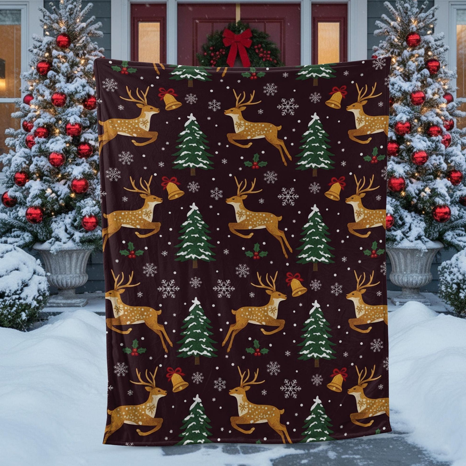 Reindeer Fleece Blanket: Holiday Christmas Tree Throw