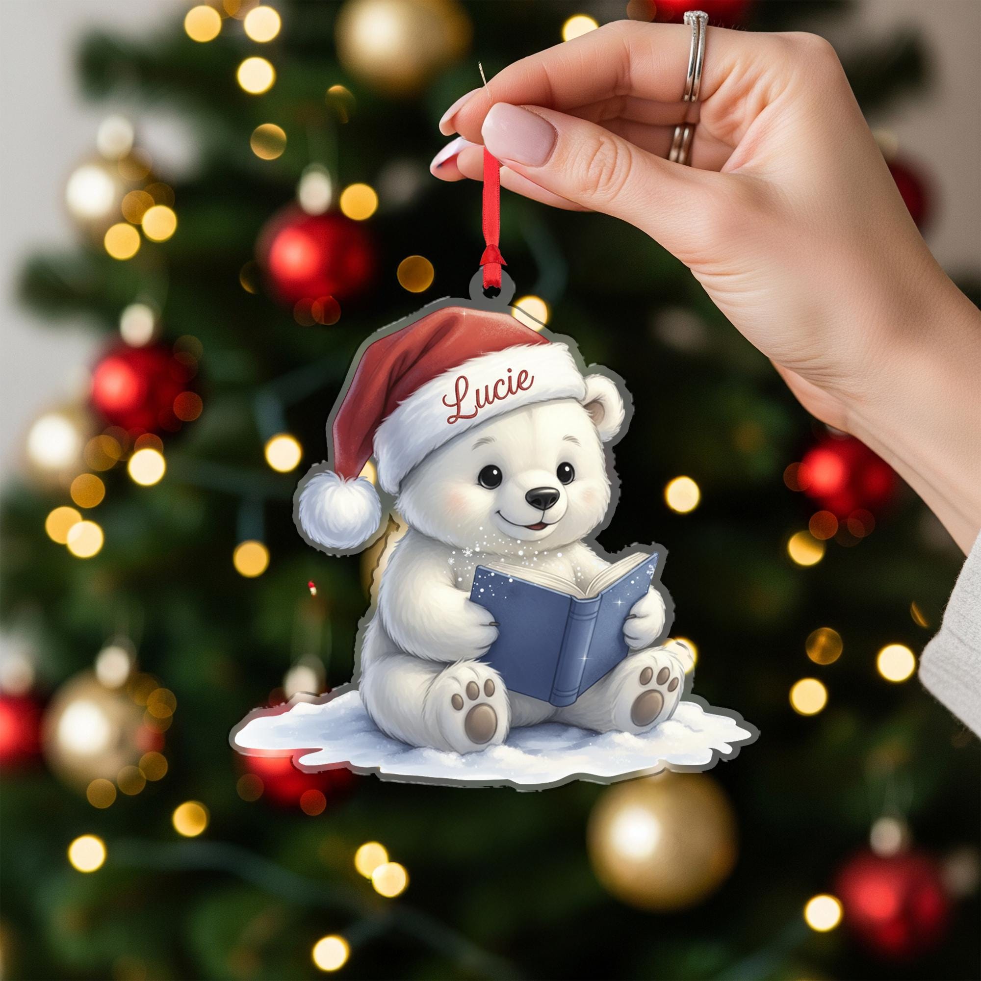 Personalized Bear Ornament with Book – Holiday Tree Decoration