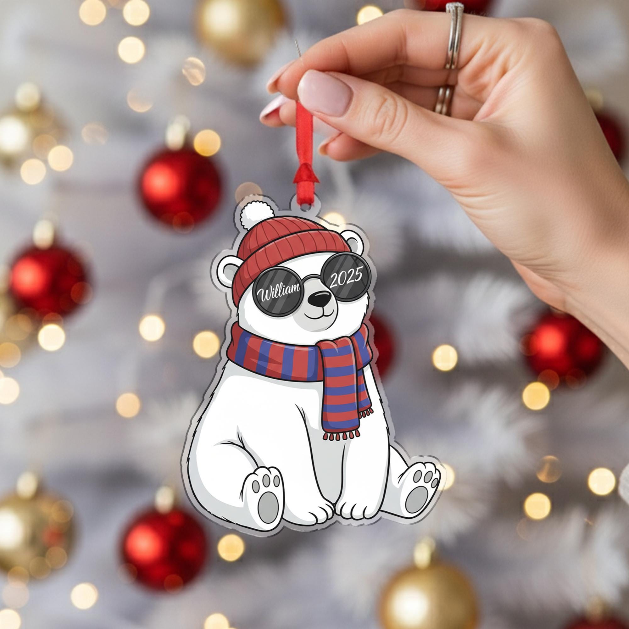 Personalized Bear Acrylic Ornament — Name & Year Custom Keepsake, Winter Hat Bear Decoration