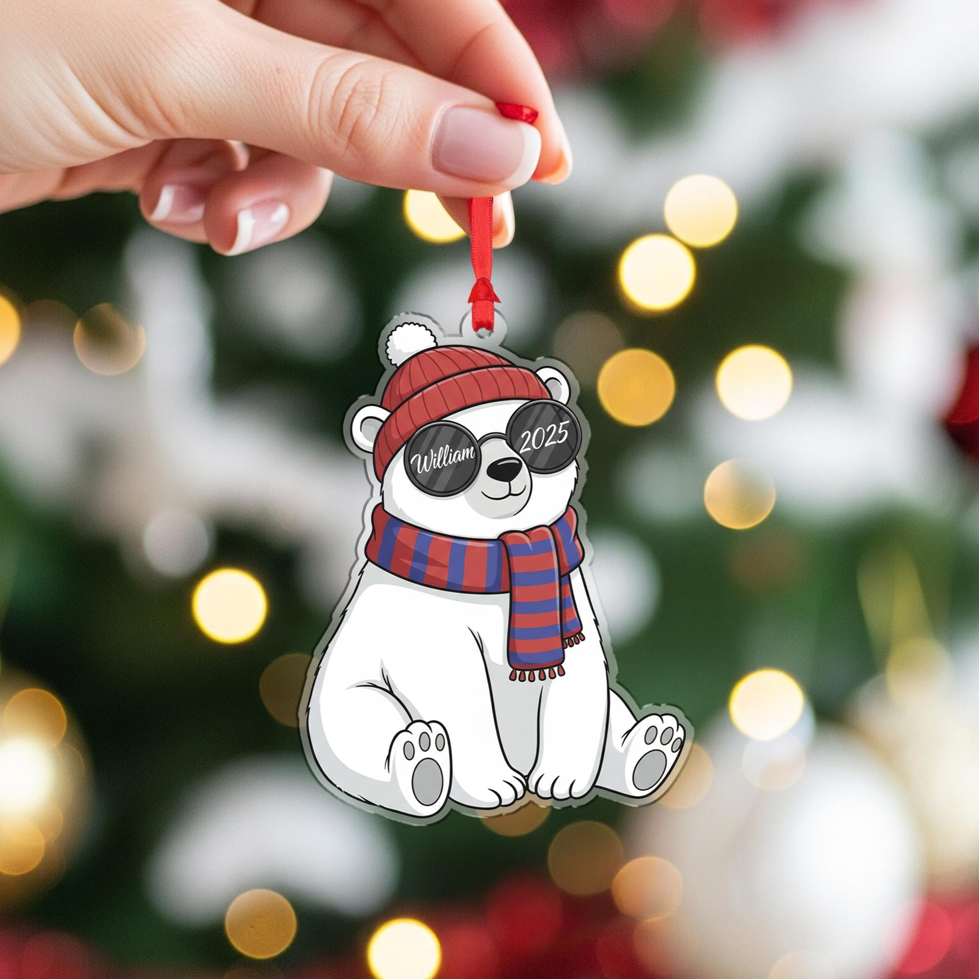 Personalized Bear Acrylic Ornament — Name & Year Custom Keepsake, Winter Hat Bear Decoration