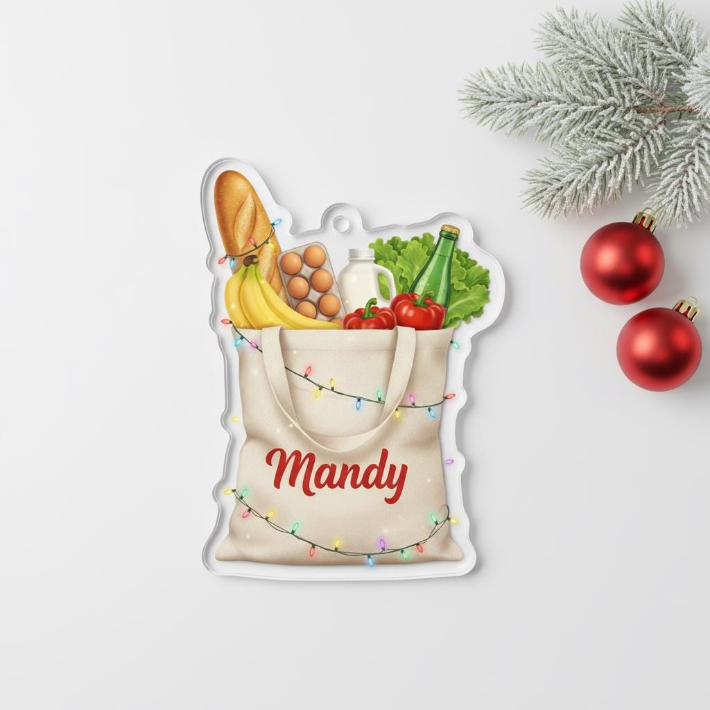 Personalized Grocery Tote Acrylic Ornament — Name Custom Keepsake, Holiday Decoration