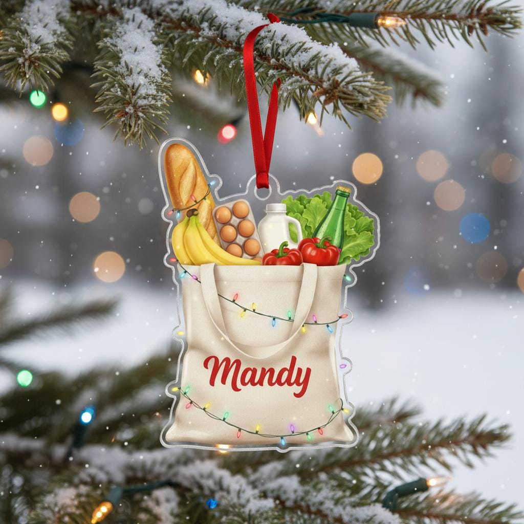 Personalized Grocery Tote Acrylic Ornament — Name Custom Keepsake, Holiday Decoration