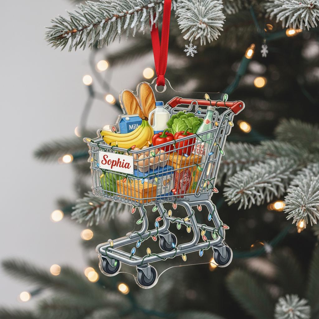 Personalized Shopping Cart Acrylic Ornament — Name Custom Keepsake, Holiday Decor