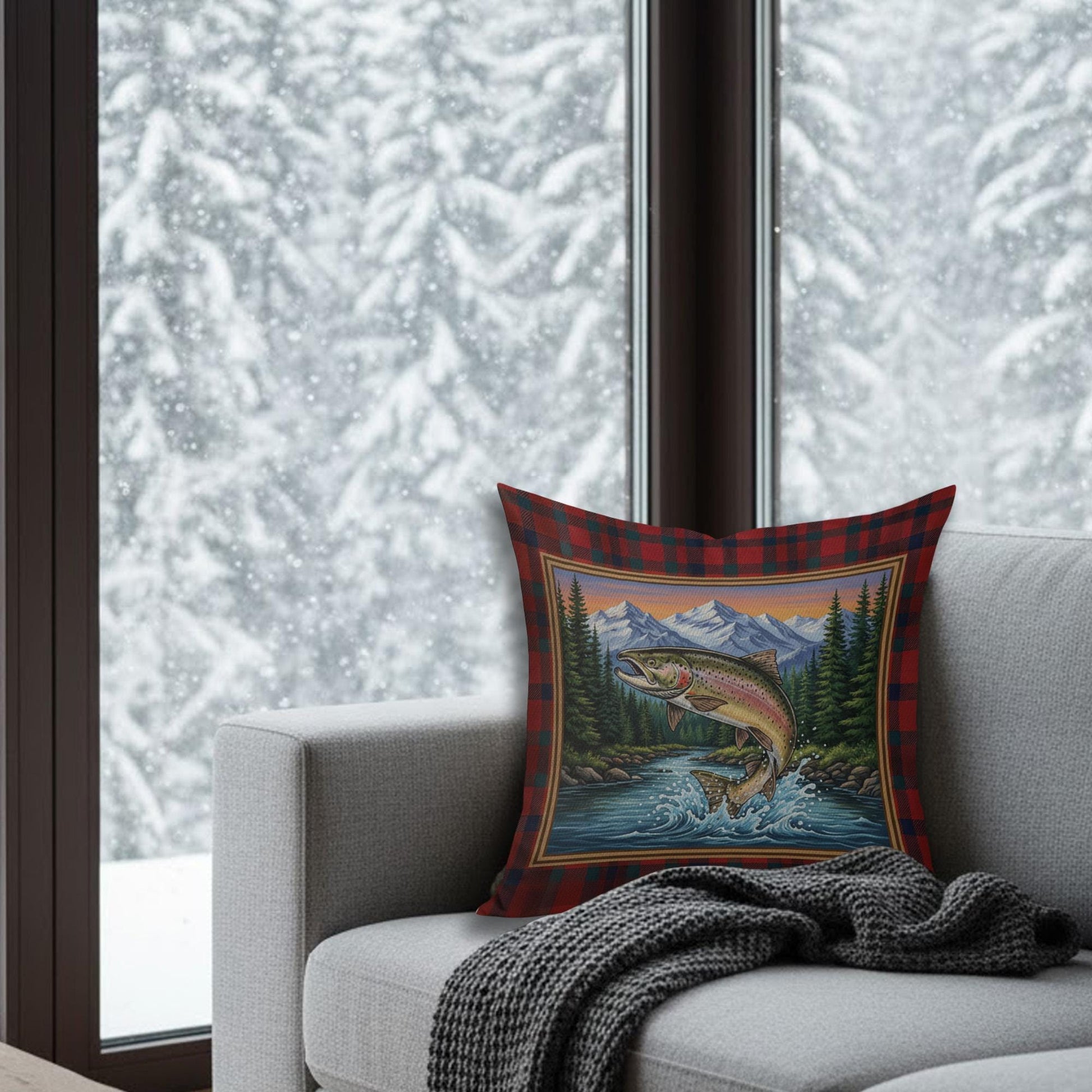 Plaid Fishing Pillow – Linen Throw Cushion with Trout and Mountain Landscape Design
