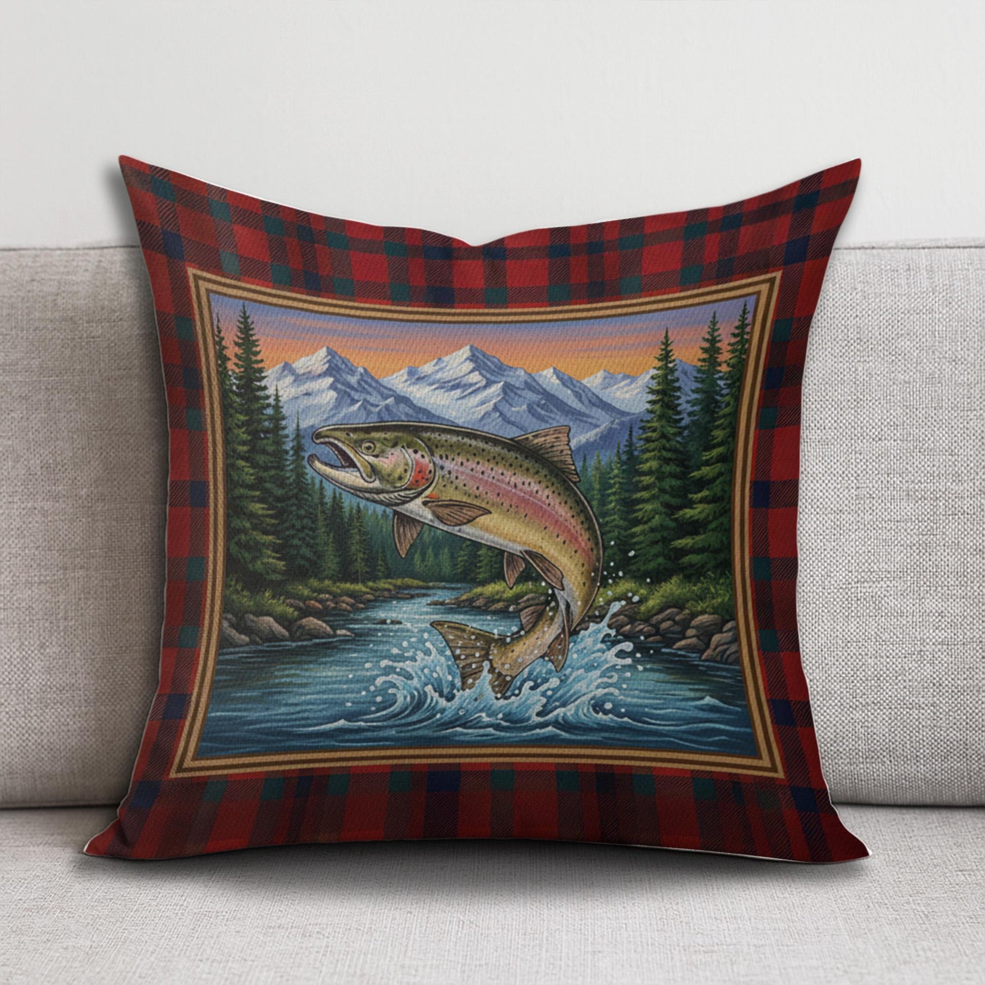 Plaid Fishing Pillow – Linen Throw Cushion with Trout and Mountain Landscape Design
