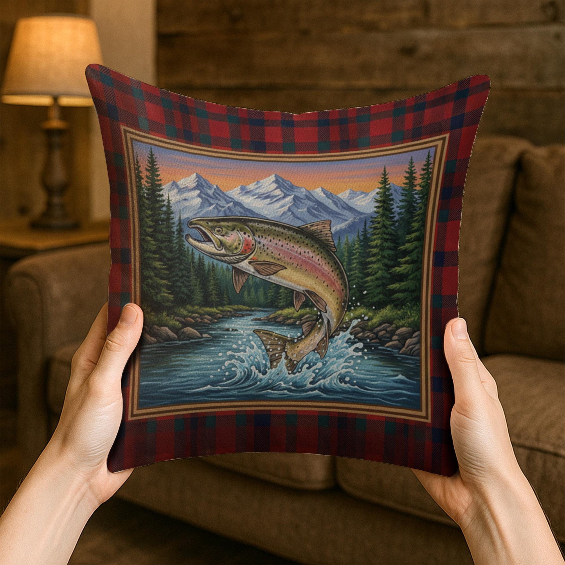 Plaid Fishing Pillow – Linen Throw Cushion with Trout and Mountain Landscape Design
